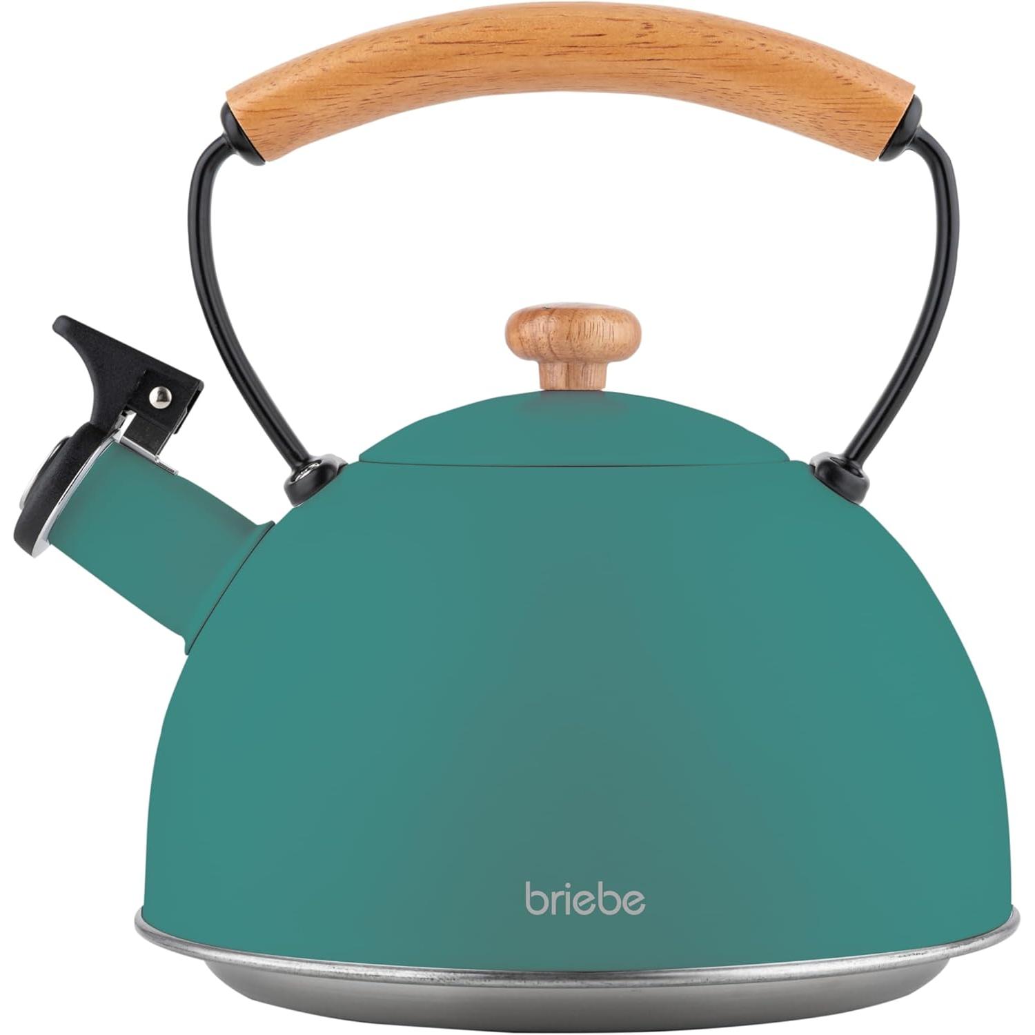 Briebe Nordic Tetera con Silbato, Hervidor de Agua 2,3L, Inducción, Acero Inox, Vintage, Mango Madera, , Verde