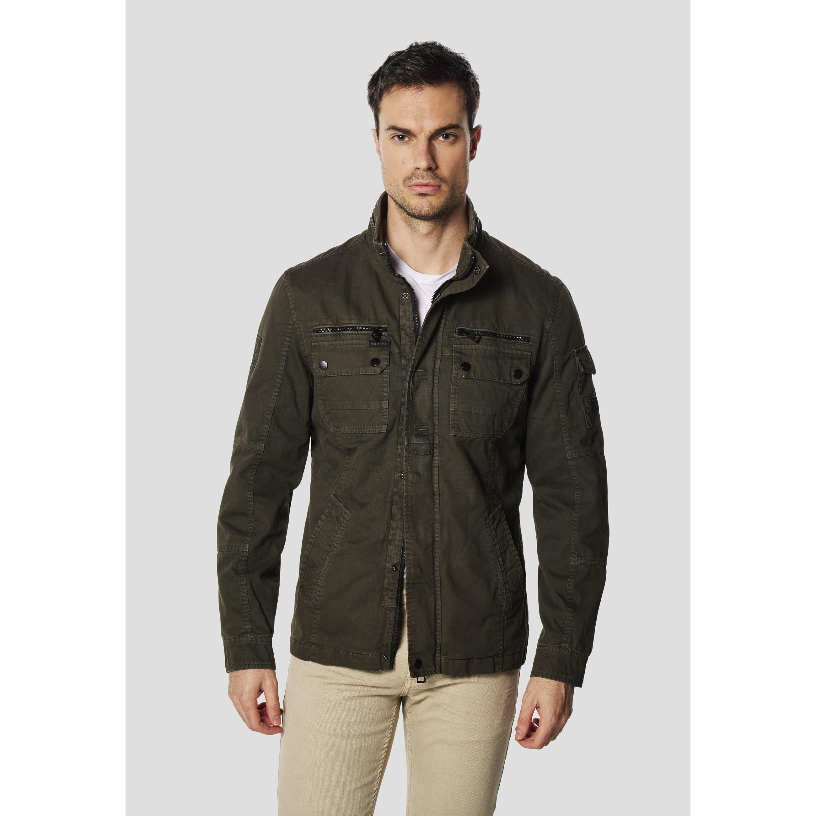 Koroshi - Chaqueta hombre estilo field multibolsillos 100% algodón para entretiempo, cuello militar y cierre con cremallera y botones