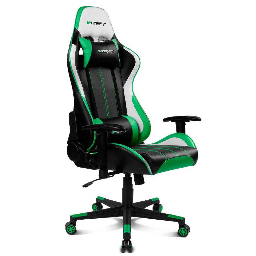 DRIFT Gaming DR175GREEN- Silla Gaming Profesional, polipiel, reposabrazos ajustables 2D, piston clase 4, giratoria, mecanismo de mariposa, cojin lumbar y cervical, negro/blanco/verde