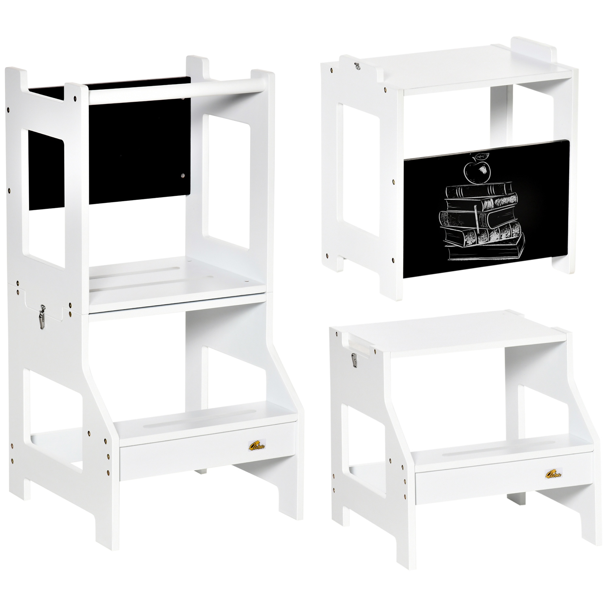 HOMCOM Torre de Aprendizaje para Niños 3-6 Años de Madera Taburete de Cocina Infantil Convertible en Escritorio con Pizarra Pedal y Barra de Seguridad para Baño 42x44x86 cm