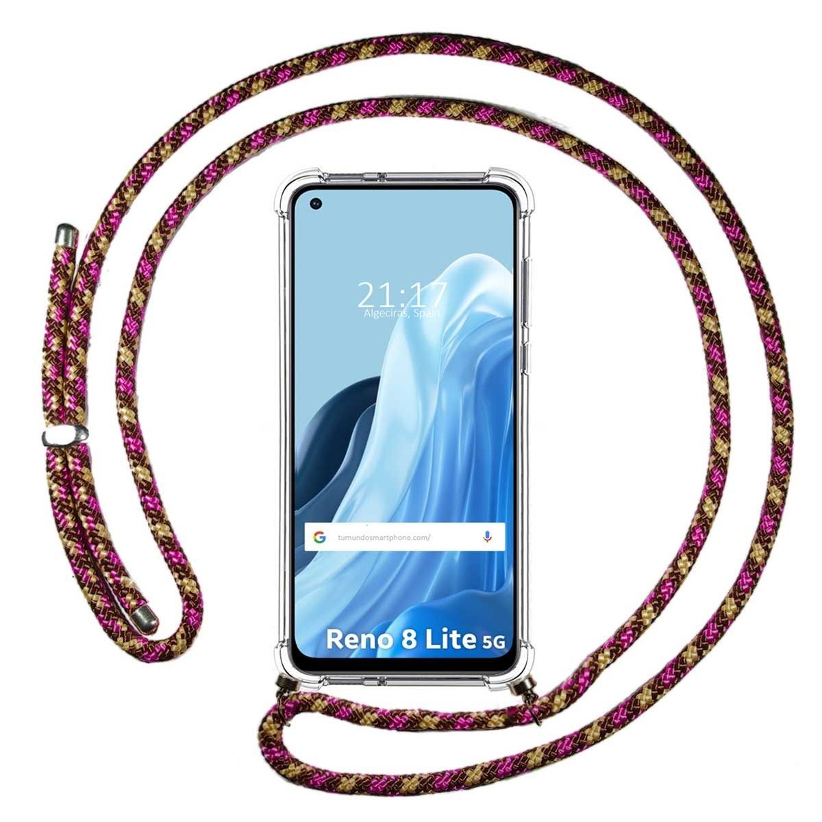 Funda Colgante Transparente para Oppo Reno 8 Lite 5G con Cordon Rosa / Dorado