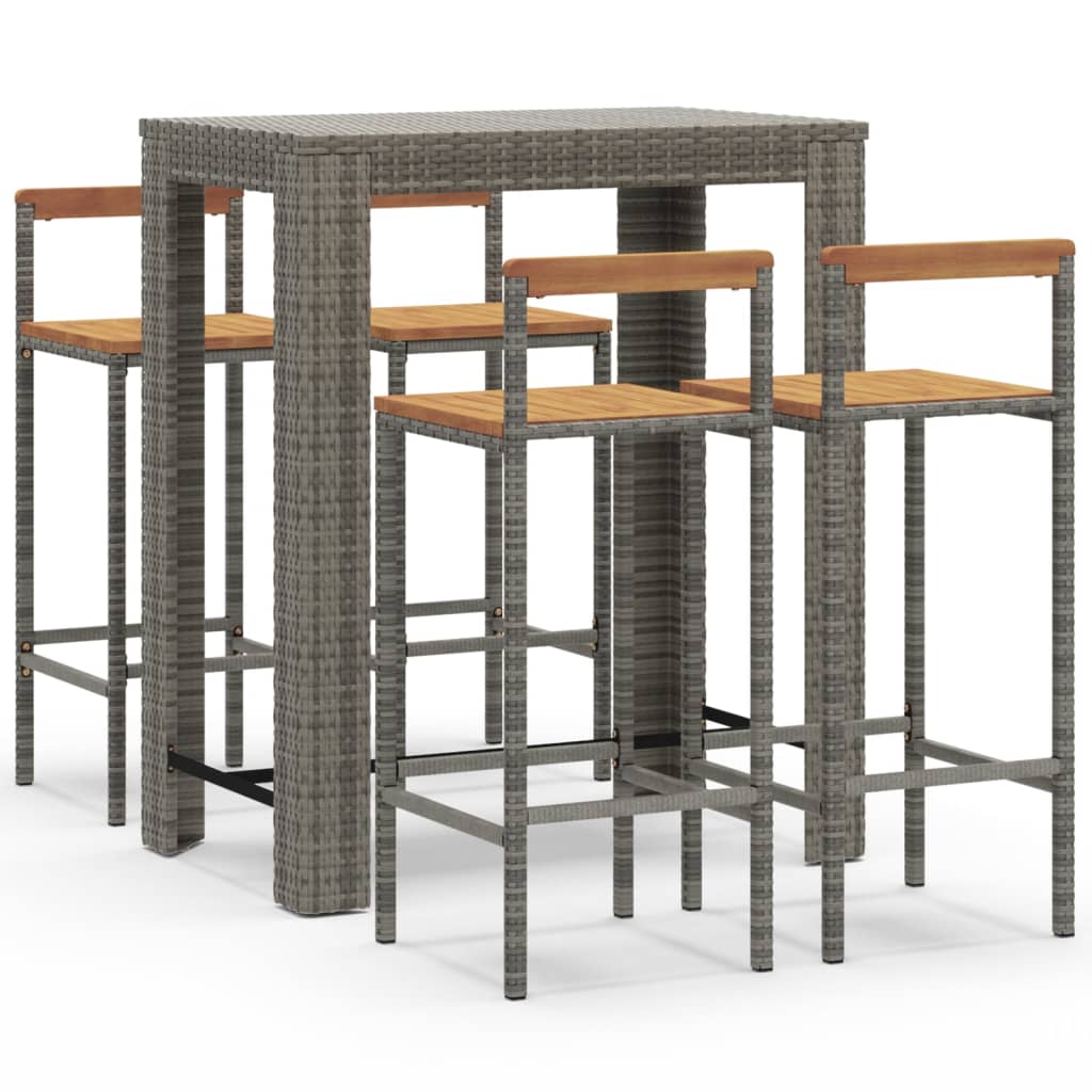 vidaXL Mesa bar y taburetes jardín 5 pzas madera acacia ratán PE gris