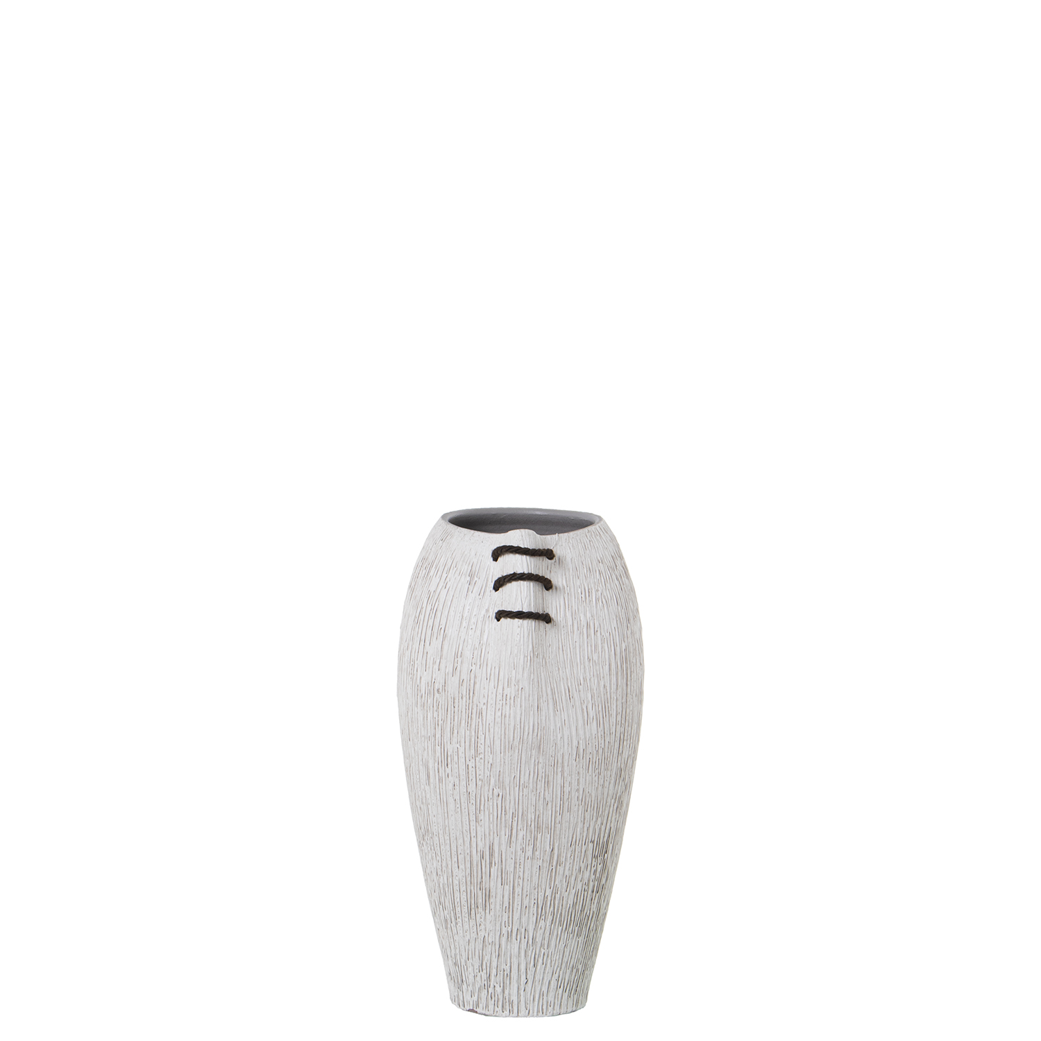 Jarron ceramica 40cm blanco rayado con cordon marron 20x23x40cm boca: 12x15cm