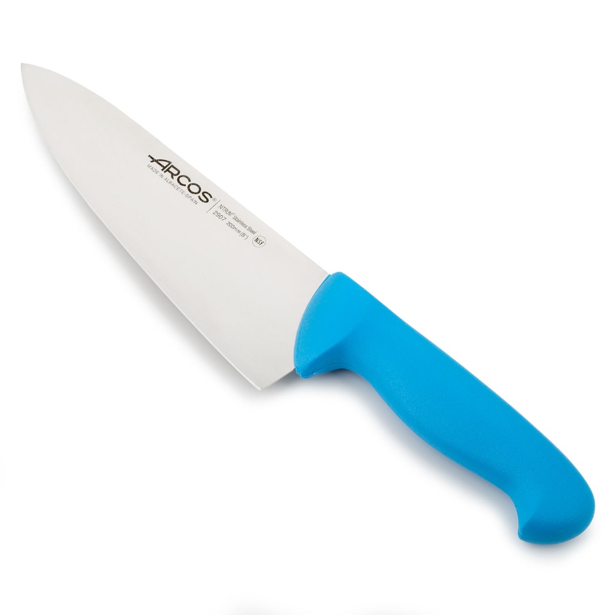 Arcos Cuchillo Chef con Hoja Acero Inoxidable Nitrum 200 mm. Cuchillo cocina profesional multipropósito. Mango ergonómico polipropileno. Serie 2900. Color azul.