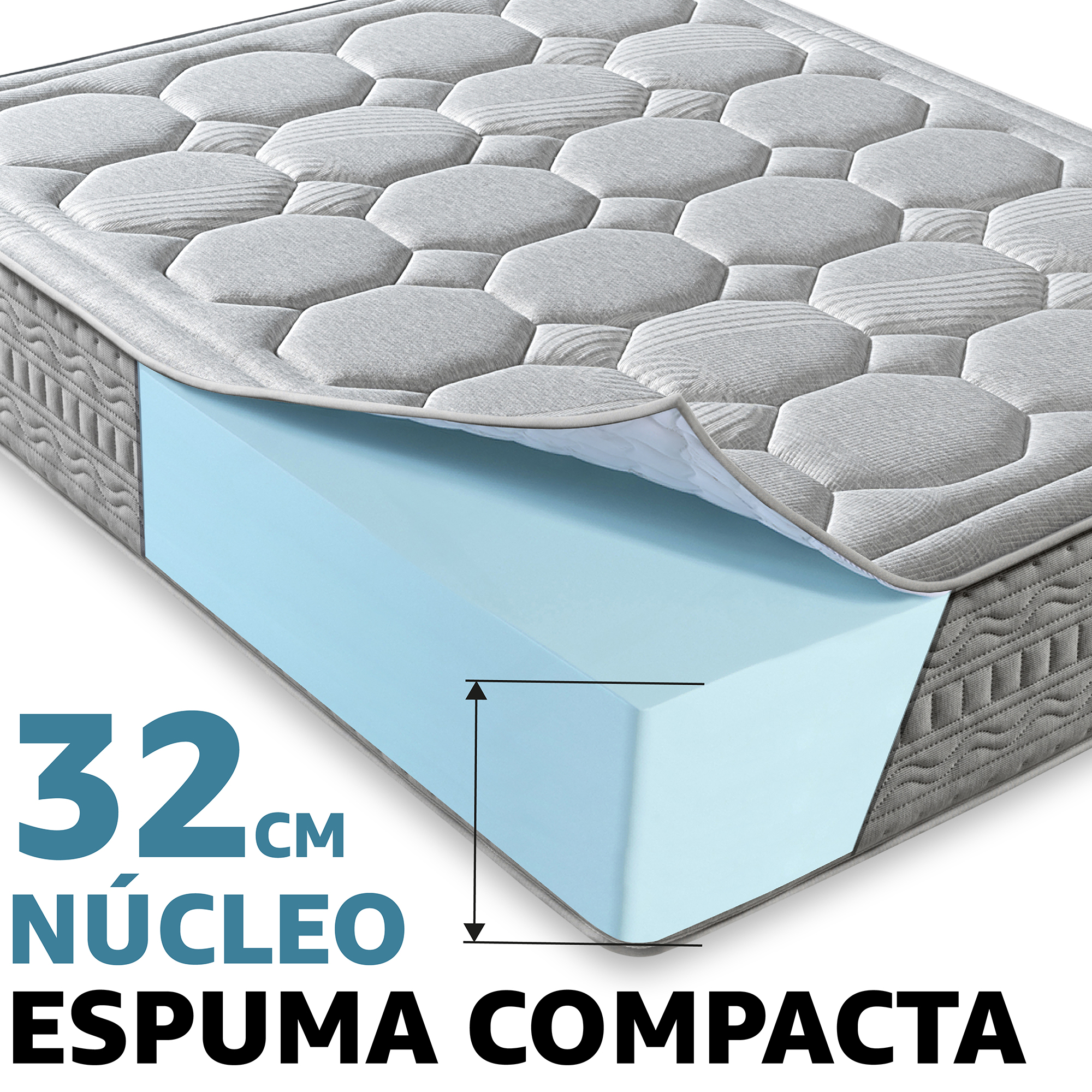 Colchón Viscoelástico LuxiaBed Royal Fresh Alturas 32 cm - Confort + Firmeza Media + Adaptabilidad - Higiénico y Transpirable - Color Gris