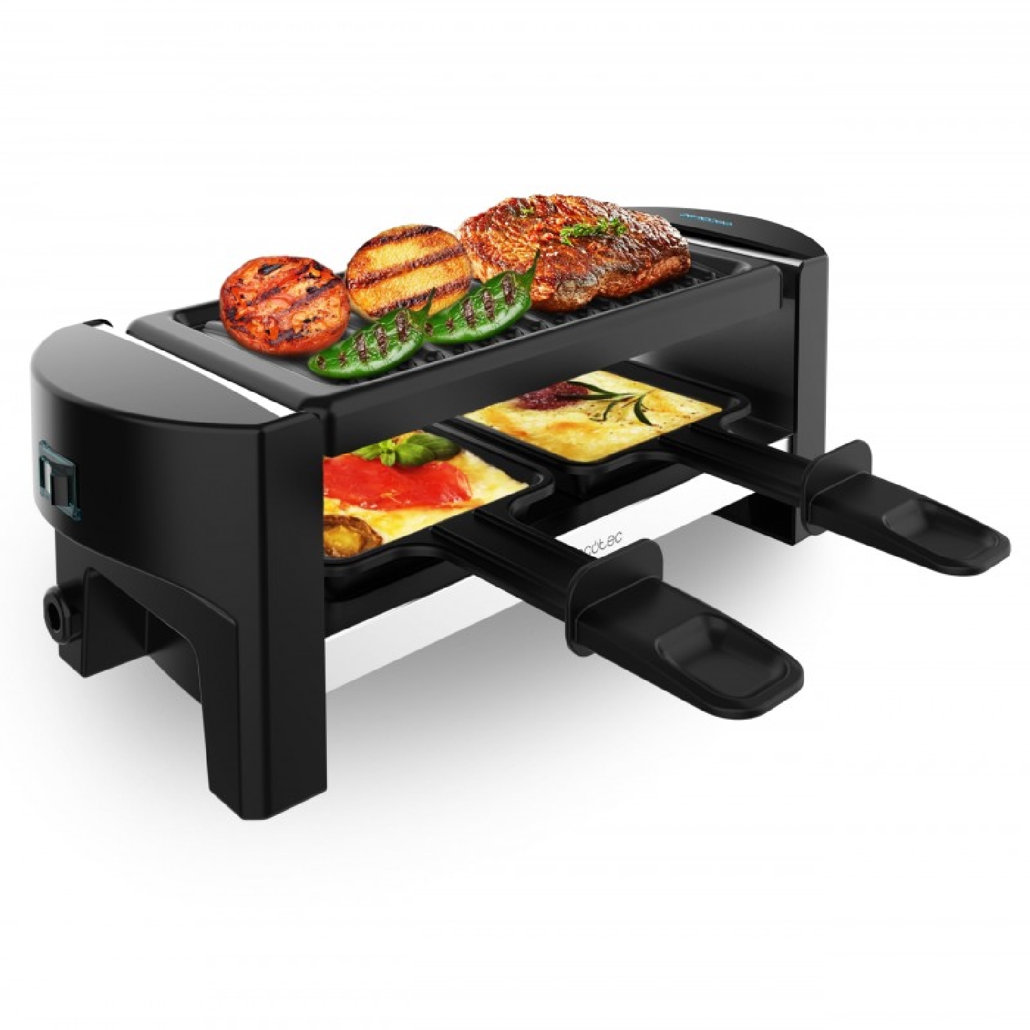 Cecotec Raclette con Grill Eléctrico para 2 Personas Raclette Cheese&Grill 3200 Pocket. 320W, Acabados Acero Inox