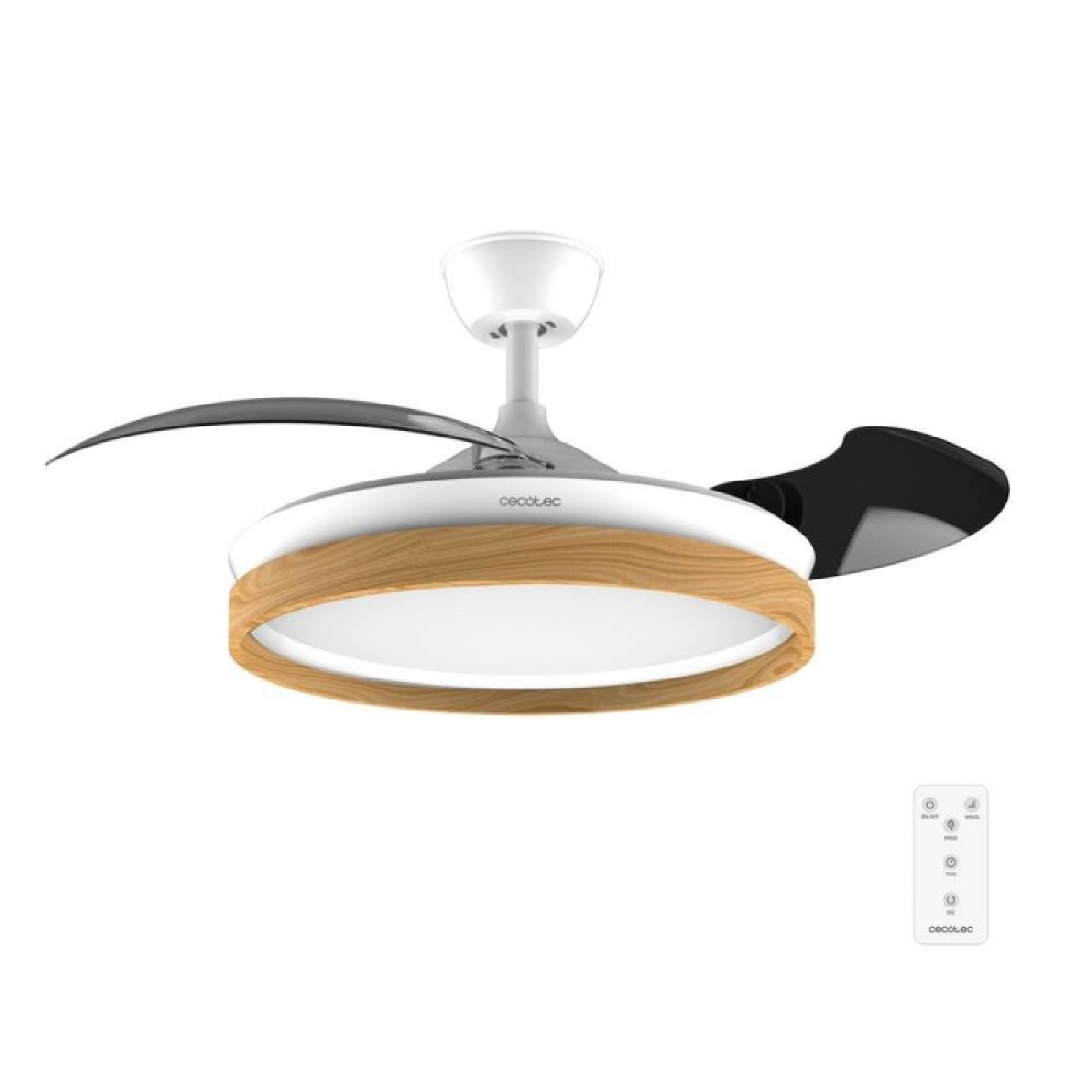 Cecotec Ventilador de Techo con Luz Energysilence Aero 4320 Invisible Wood&White. 35W, 6 Velocidades, Aspas Retráctiles