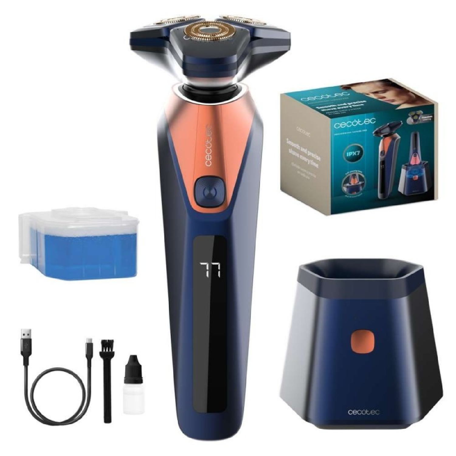 Cecotec Afeitadora Rotativa con Base Autolimpieza PrecisionCare Saphire Pro. 3-5 mins, Incluye Líquido de Autolimpieza