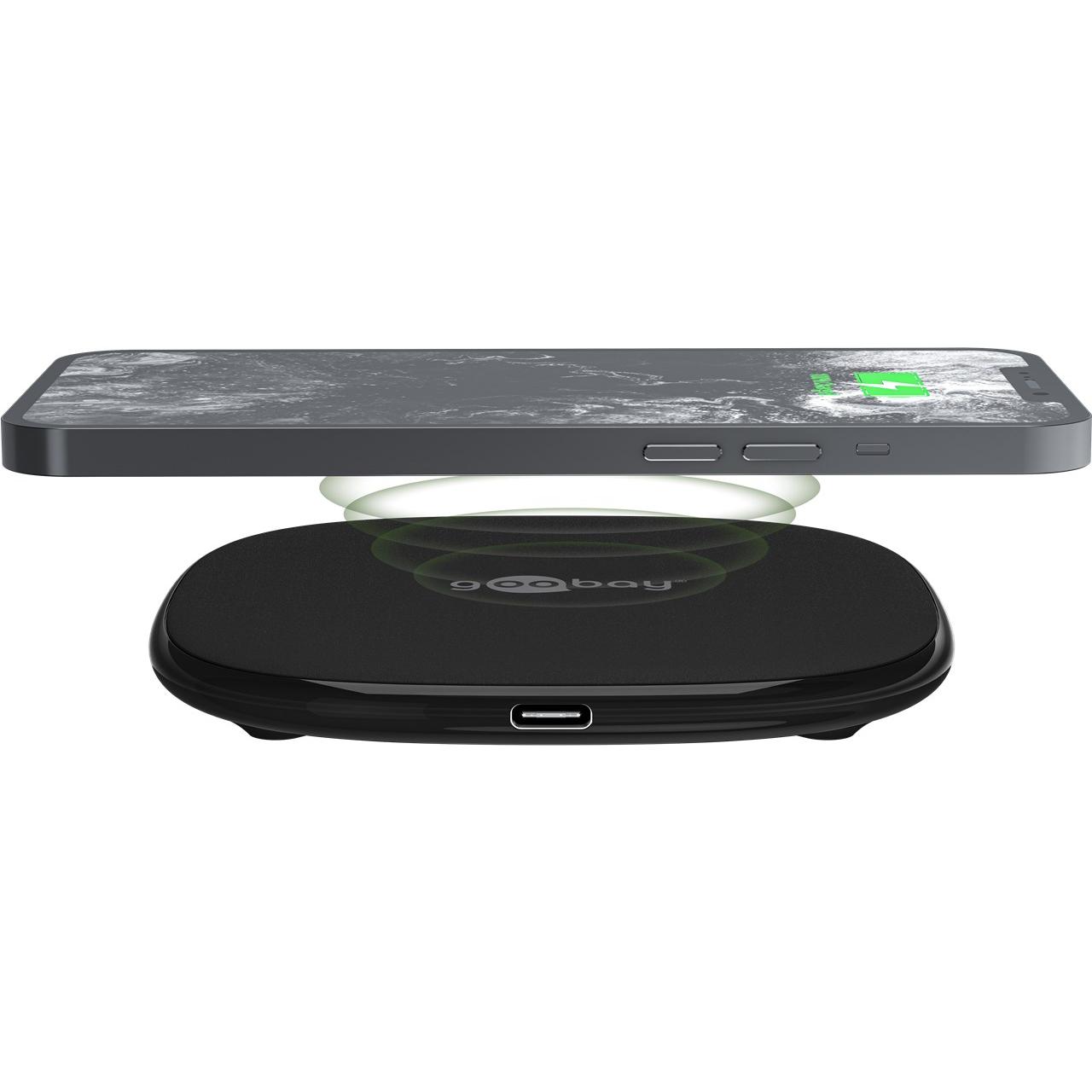 goobay 64675 Cargador rápido inalámbrico / 15 W / Wireless charger / Estación de carga para smartphones y dispositivos con estándar Qi / iPhone 15/14/13/12/11/XS/XR/X / Samsung etc.