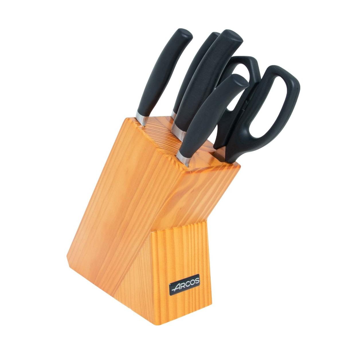 Arcos Serie Clara - Juego 4 Cuchillos de Cocina (Mondador + Chef + Panero + Jamonero) + 1 Tijeras - Acero Inoxidable Forjado NITRUM - Mango Inyectado de Polipropileno - Color Negro