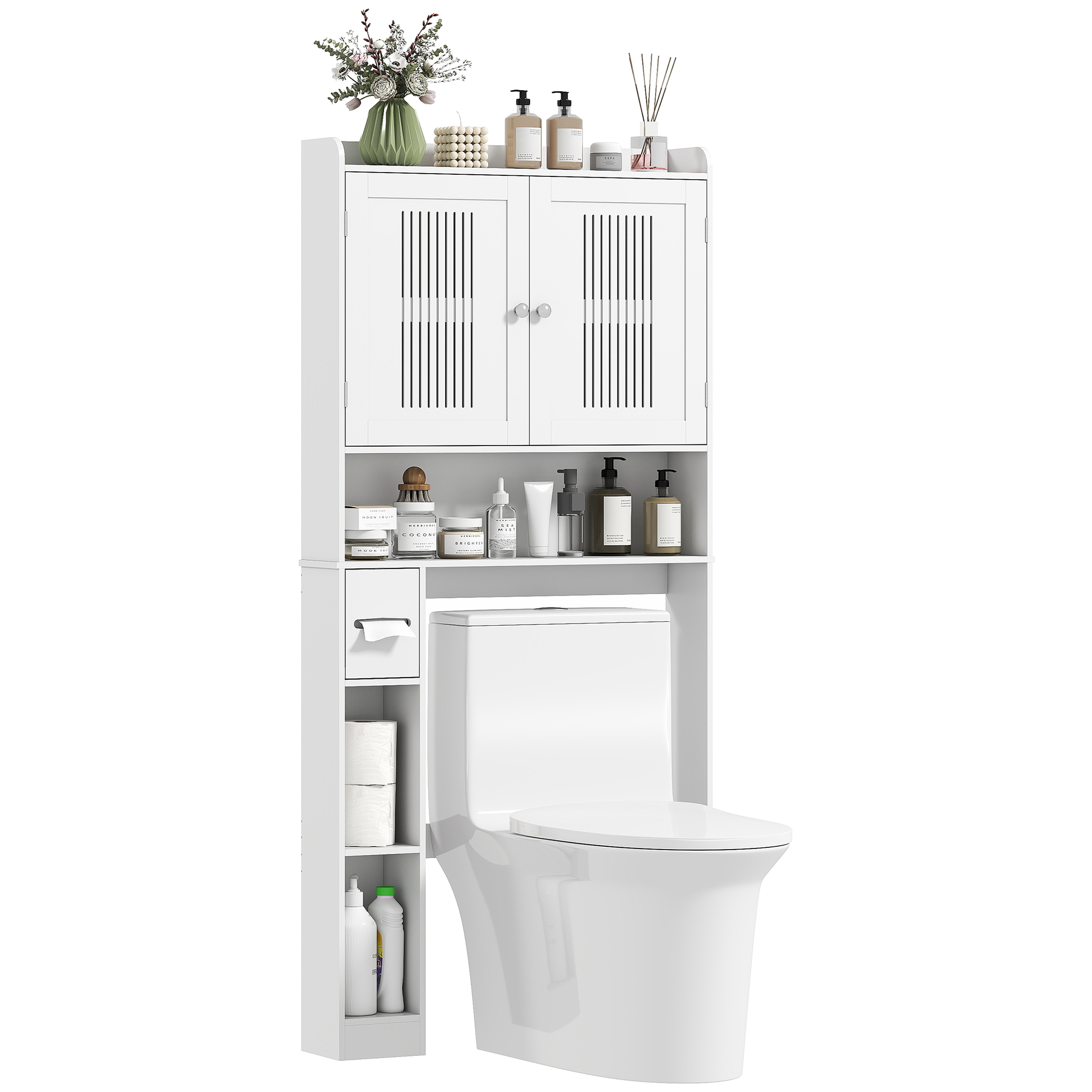 HOMCOM Estantería sobre Inodoro Mueble sobre Inodoro con Estante Ajustable 2 Puertas Soporte para Papel Higiénico y Estantes Abiertos Ahorra Espacio Armario para lavadora para Baño Blanco