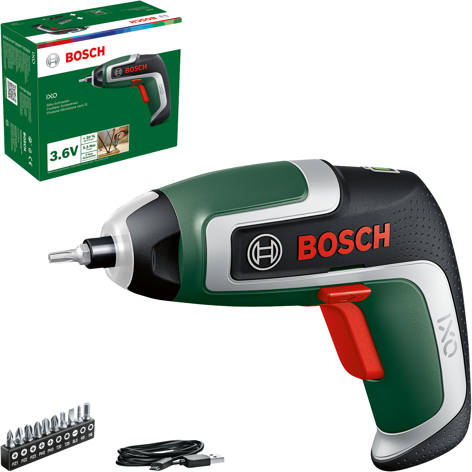 Bosch - Atornillador a batería IXO 7 3.6V con 10 puntas y cable micro USB, herramienta eléctrica para atornillado diario, 20 % más par y hasta 190 tornillos por carga, anillo LED 360°