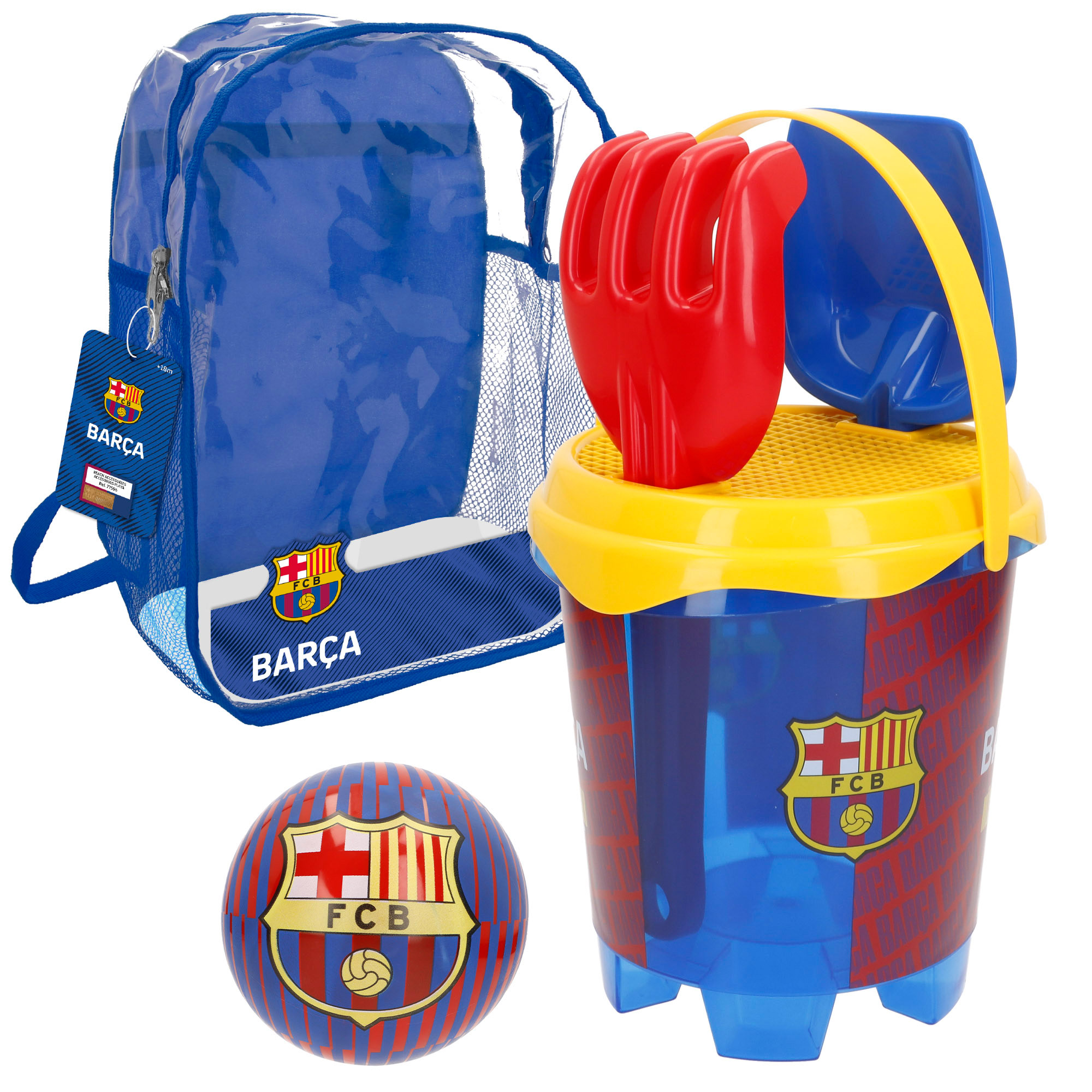 FC Barcelona - Set playa mochila balón y cubo con accesorios, con pala y rastrillo, juguete infantil de playa y arena, con mochila de transporte ligera