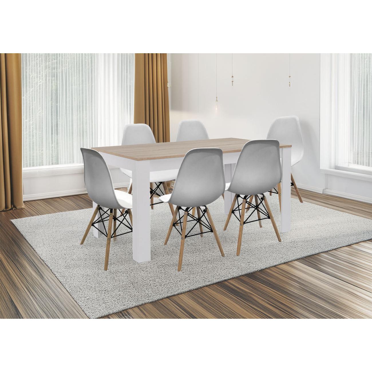 Pack Mesa de Comedor o Cocina Fija  Blanco y Gris + 6 Sillas Estilo Nordico Negro