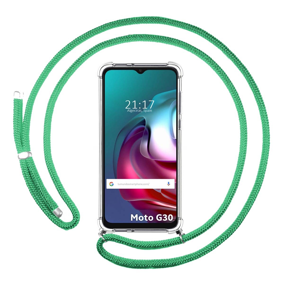Tumundosmartphone Funda Colgante Transparente para Motorola Moto G10 / G20 / G30 con Cordon Verde Agua