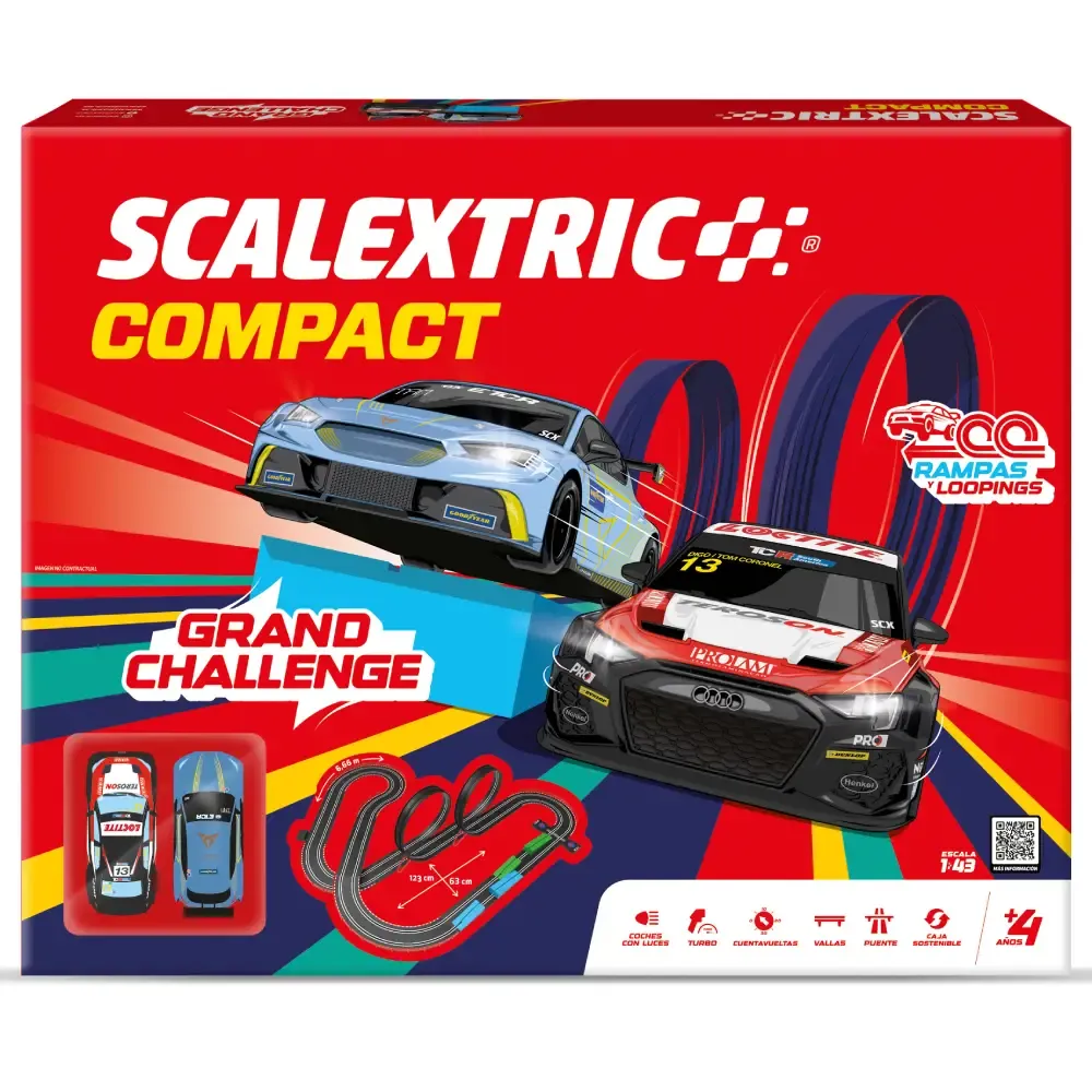 Scalextric - Grand Challenge - Circuito gama Compact a escala , Pista de carreras completa, Coches y mandos incluidos, Juguete para niños A partir de 4 años, Ideal para Regalo, Perfecto para niños y adultos