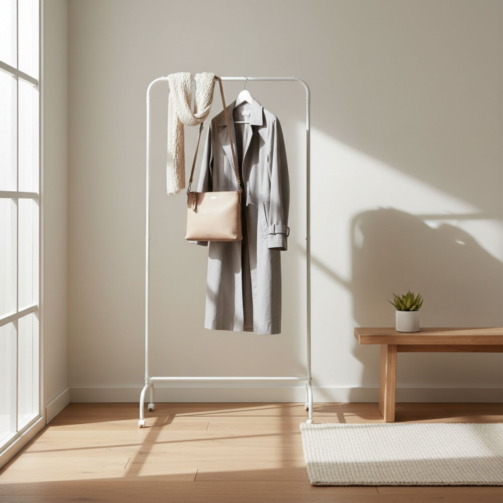 MOBLEKIT | Percheros de Pie y Percheros Extensibles de Metal y Madera, Burros de Ropa con Opciones Ajustables, con Ruedas o Estantes, Organizadores para Dormitorio, Entrada y Hogar