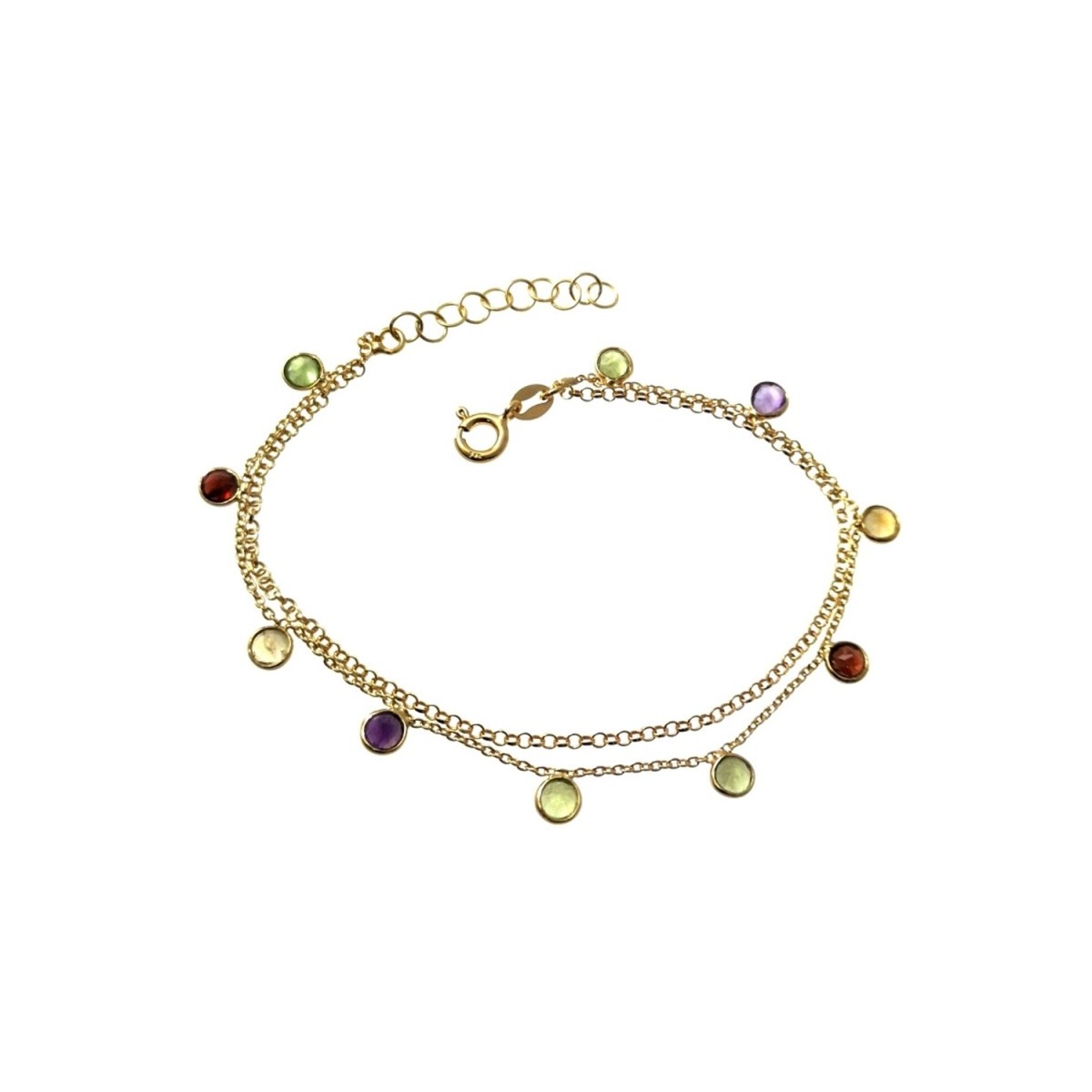 Pulsera plata Ley 925m chapada oro doble cadena 18cm piedras boceladas colores colgando cierre reasa