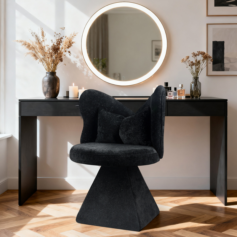 Chaise pivotante noire avec dossier papillon en tissu chenille