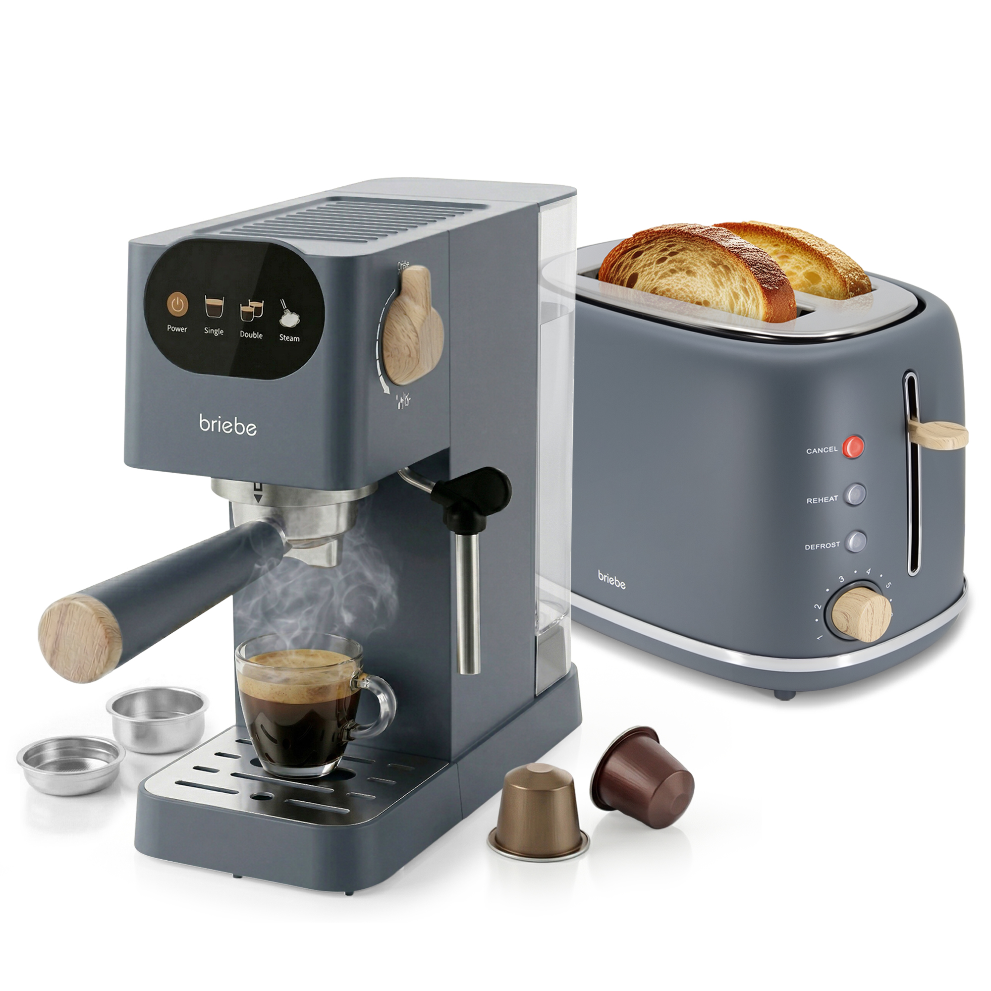 Briebe SKT1221GRY Nordic Set Cafetera 20 Bares Cápsulas, Café Molido Espumador Leche Tostadora 2 Rebanadas Anchas, 1350W, Gris