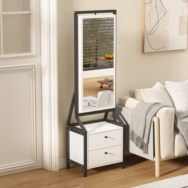 Armoire à bijoux blanche pivotante à 360° avec miroir pleine longueur et deux tiroirs