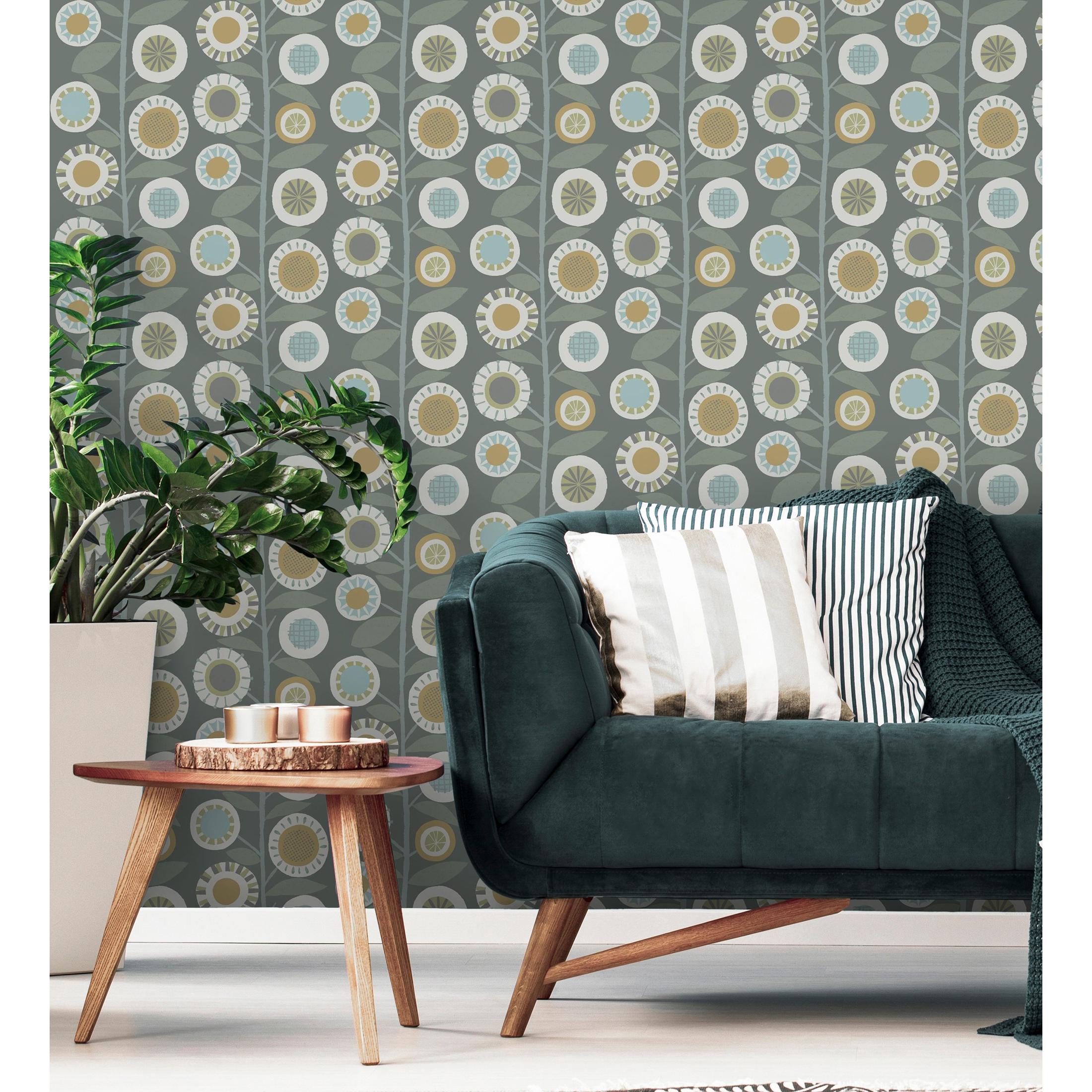 Papel pintado vinílico ecológico de flores color mostaza y ramas con hojas estilo nórdico - Liliana Flowers 682090 de GAULAN - Rollo de 10 m x 0,52 m