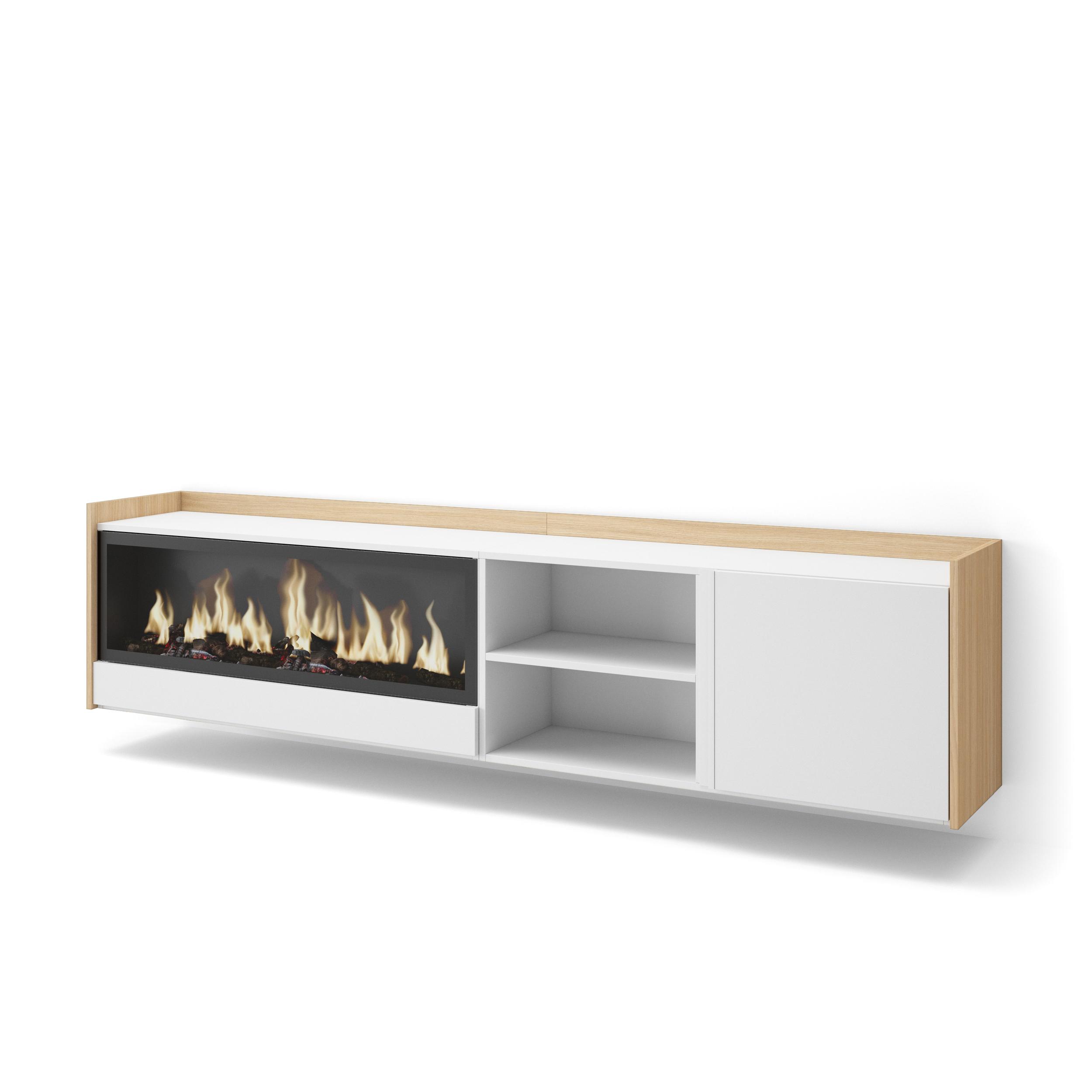 Mueble TV, Televisión, 212x35x50cm, Para TV hasta 80", Chimenea eléctrica XXL, Colgado, Suspendido