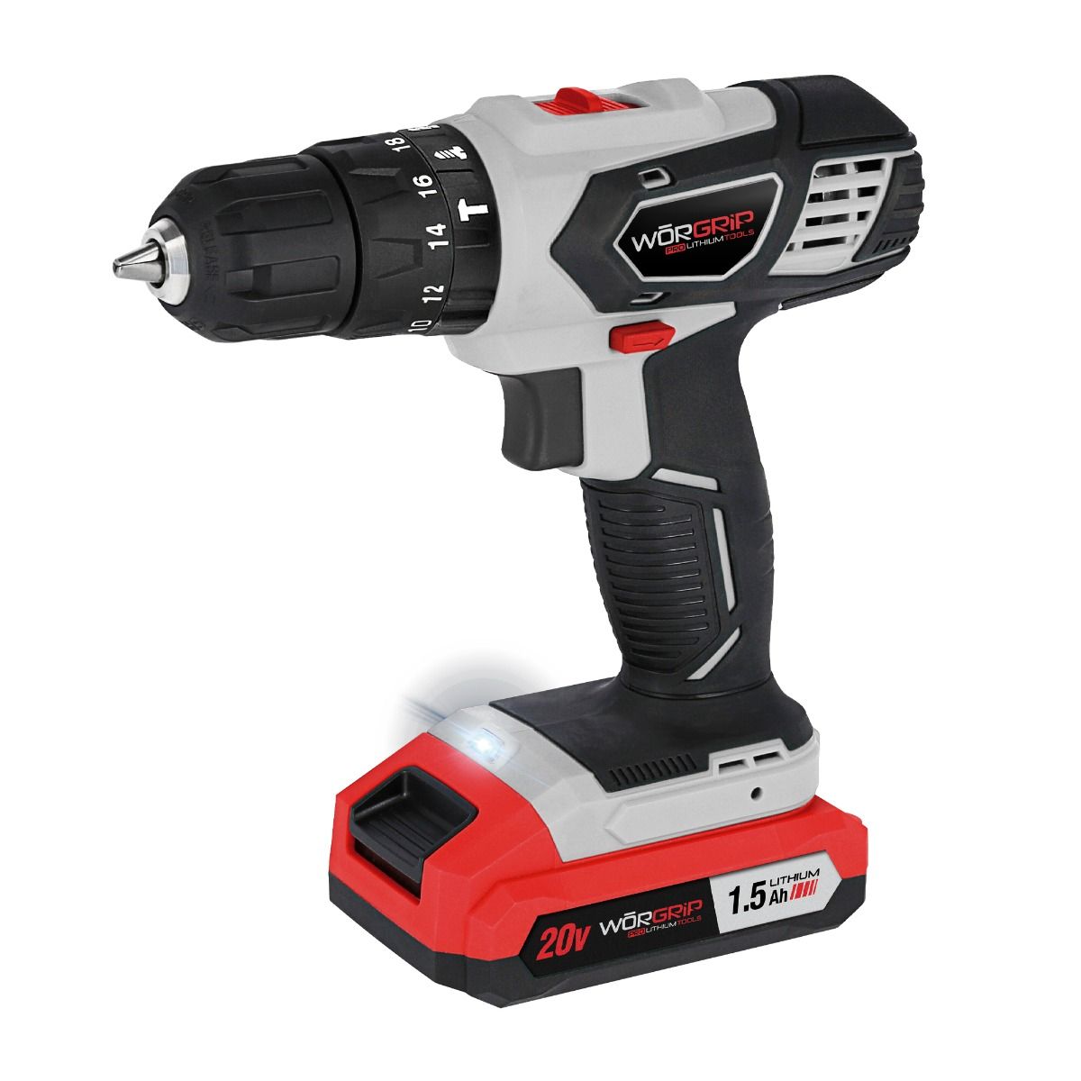 Taladro Percutor WORGRIP 20V + Batería 1.5Ah + Maletín con 13 Accesorios