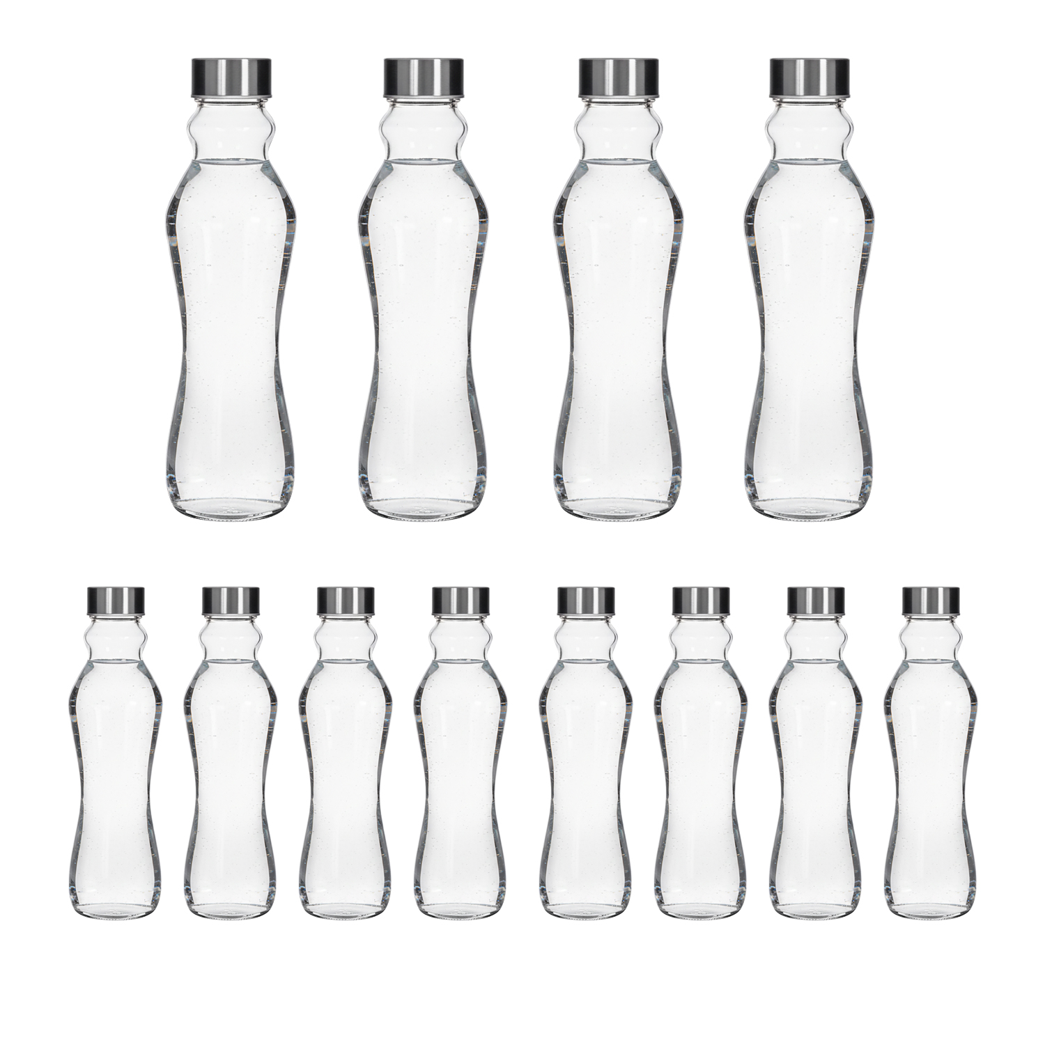 Botella de Cristal para Agua. Pack 6, 12 o 24 Botellas con Tapón de Acero. Botella Reutilizable, Grande, Transparente y Resistente. Apta para Nevera y Lavavajillas