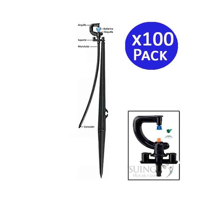 SUINGA Microaspersor de Riego 360° 12 chorros con Estaca 40 cm para Jardin y Huerto | Pack 100 Aspersor Pulverizador hasta 3 m