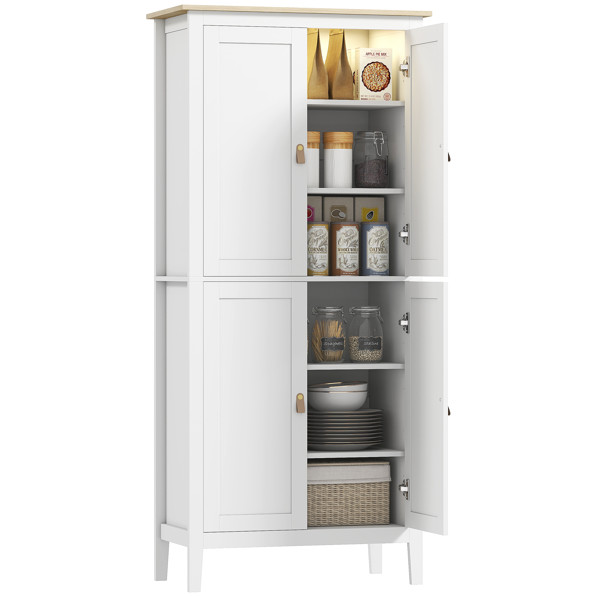 HOMCOM Alacena de Cocina Alta con Luz LED Sensor de Movimiento, Mueble Auxiliar de Cocina con Iluminación Regulable en 3 Colores, 4 Puertas y Estantes Ajustables, Blanco