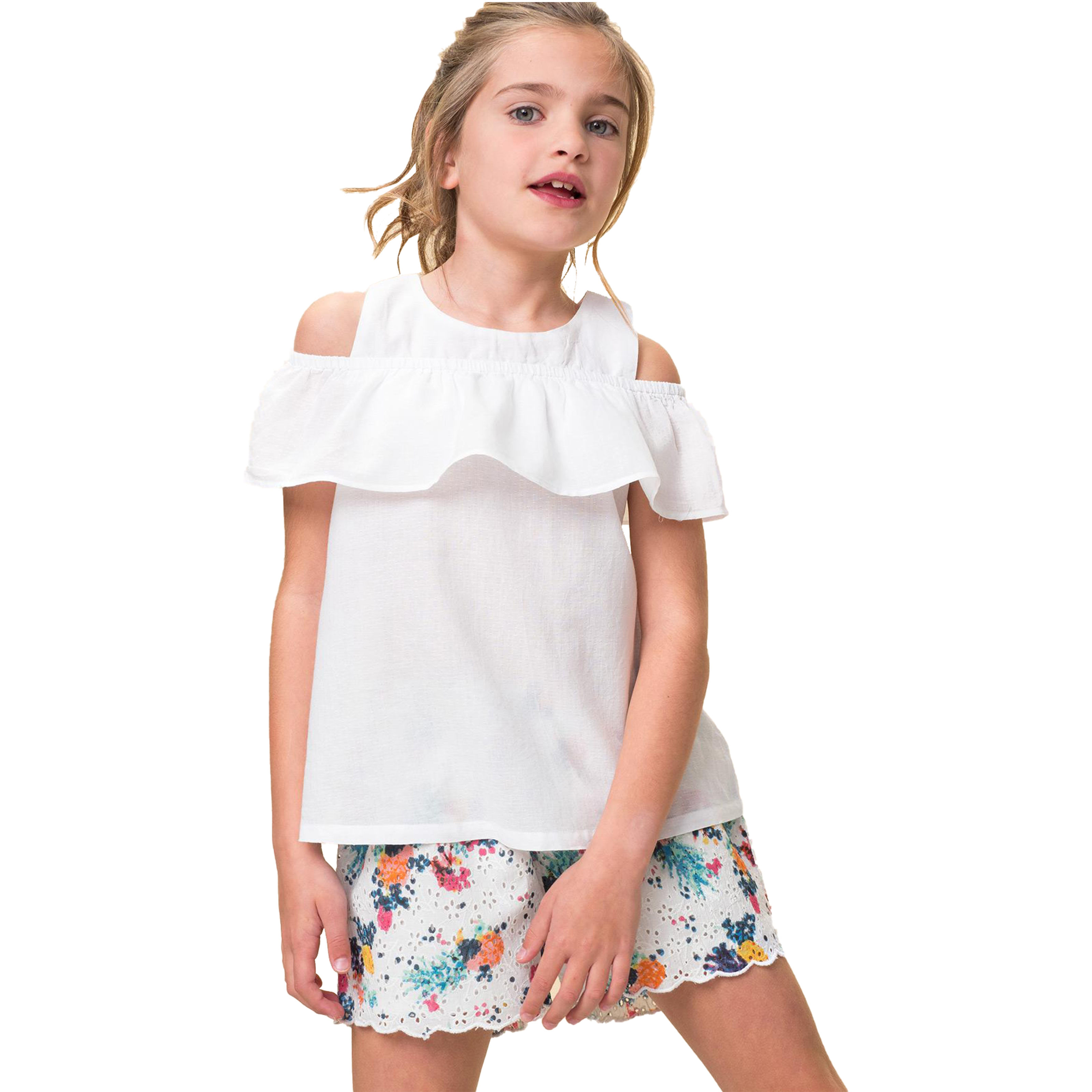 Conjunto Niña Verano Petit Alo 2 Piezas - Blusa Blanca + Short Floral Bordado - 100% Algodón