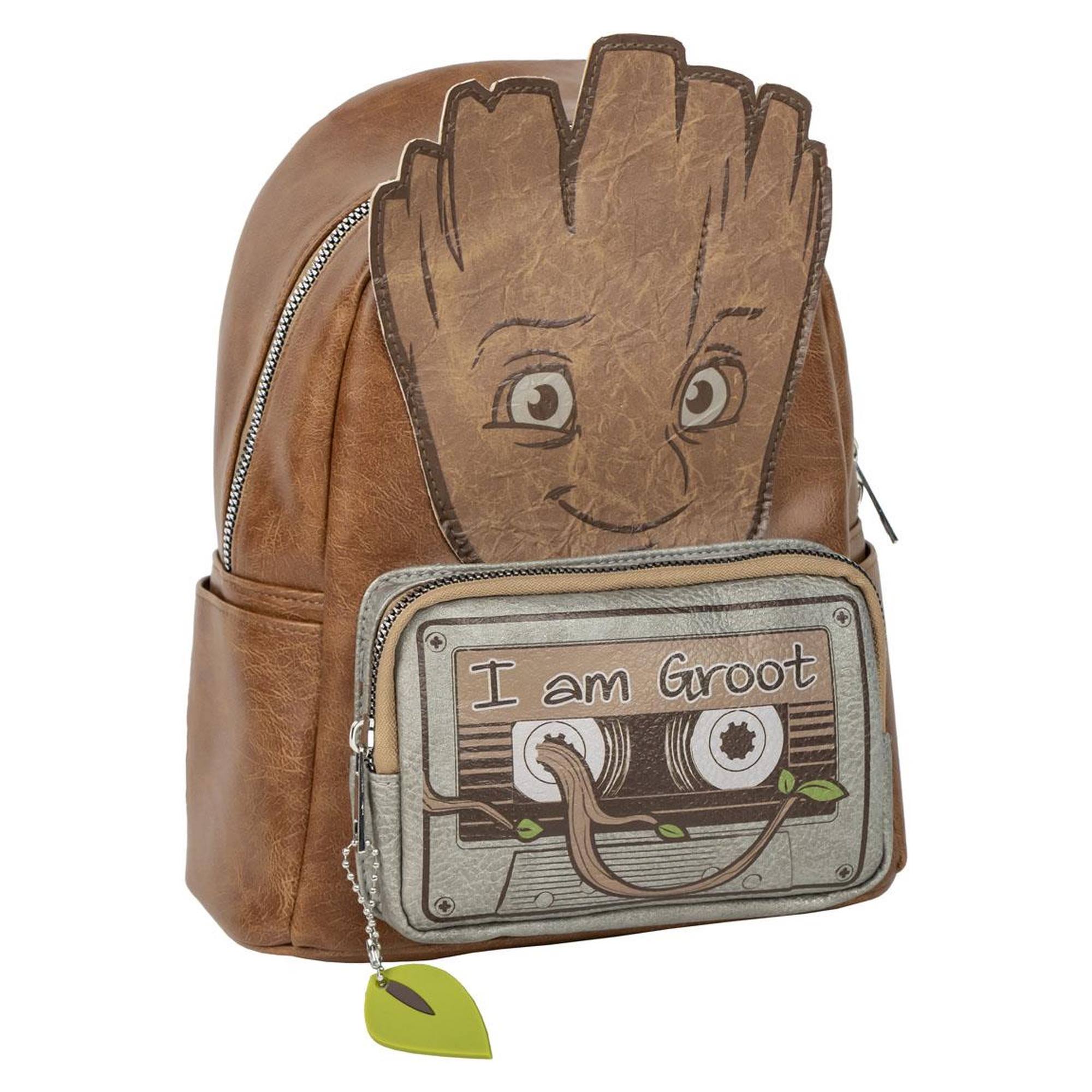 Mochila Casual de Guardianes de la Galaxia - Color Marrón - 22.5x22.5x7.cm - Fabricada en PU - Estampado de Groot
