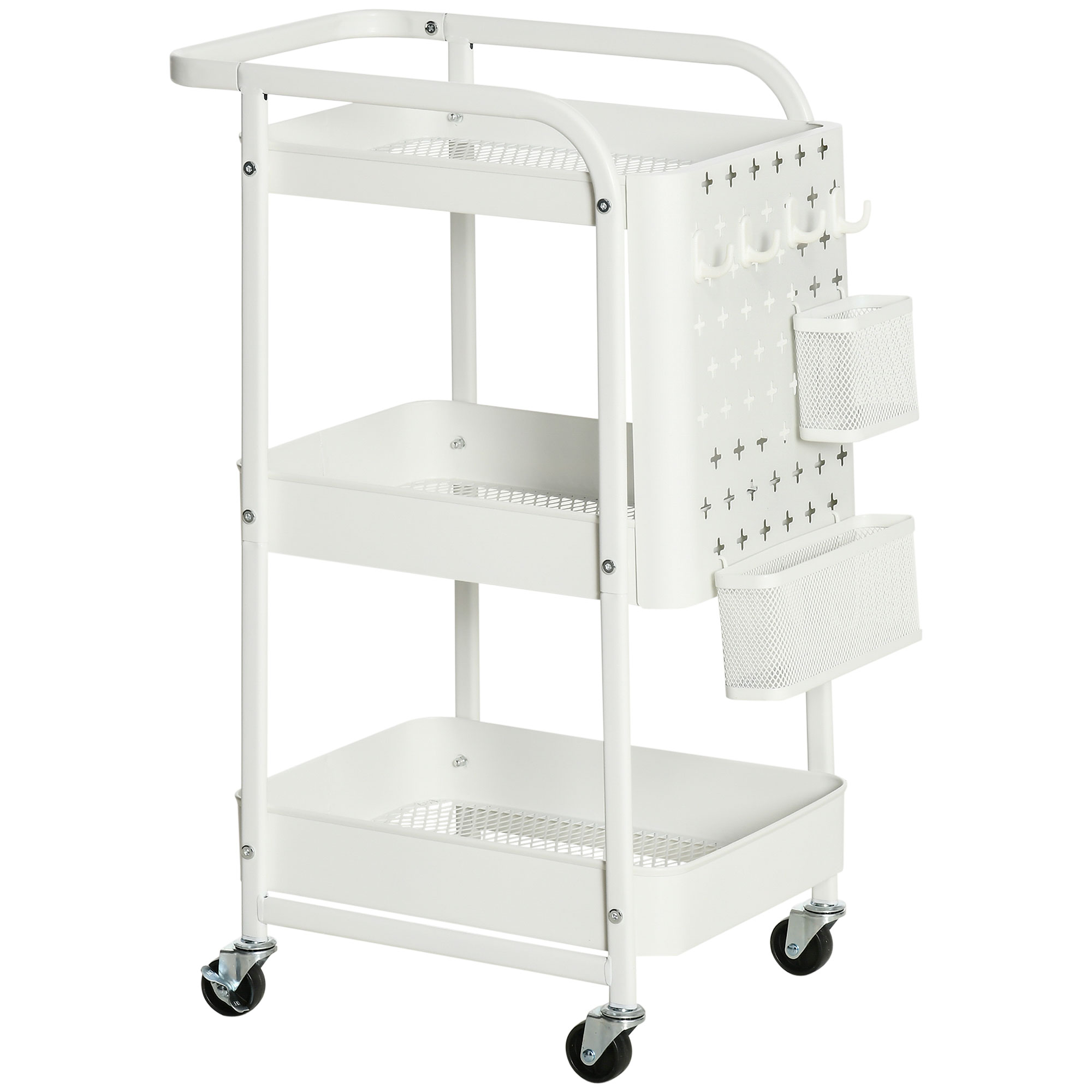 HOMCOM Carrito de Cocina de Acero con Ruedas Carro de Almacenamiento de 3 Niveles 4 Ganchos Marco de Acero 2 Cestas Colgantes y Asa para Baño Salón Dormitorio 51,5x32x75,6 cmNegro