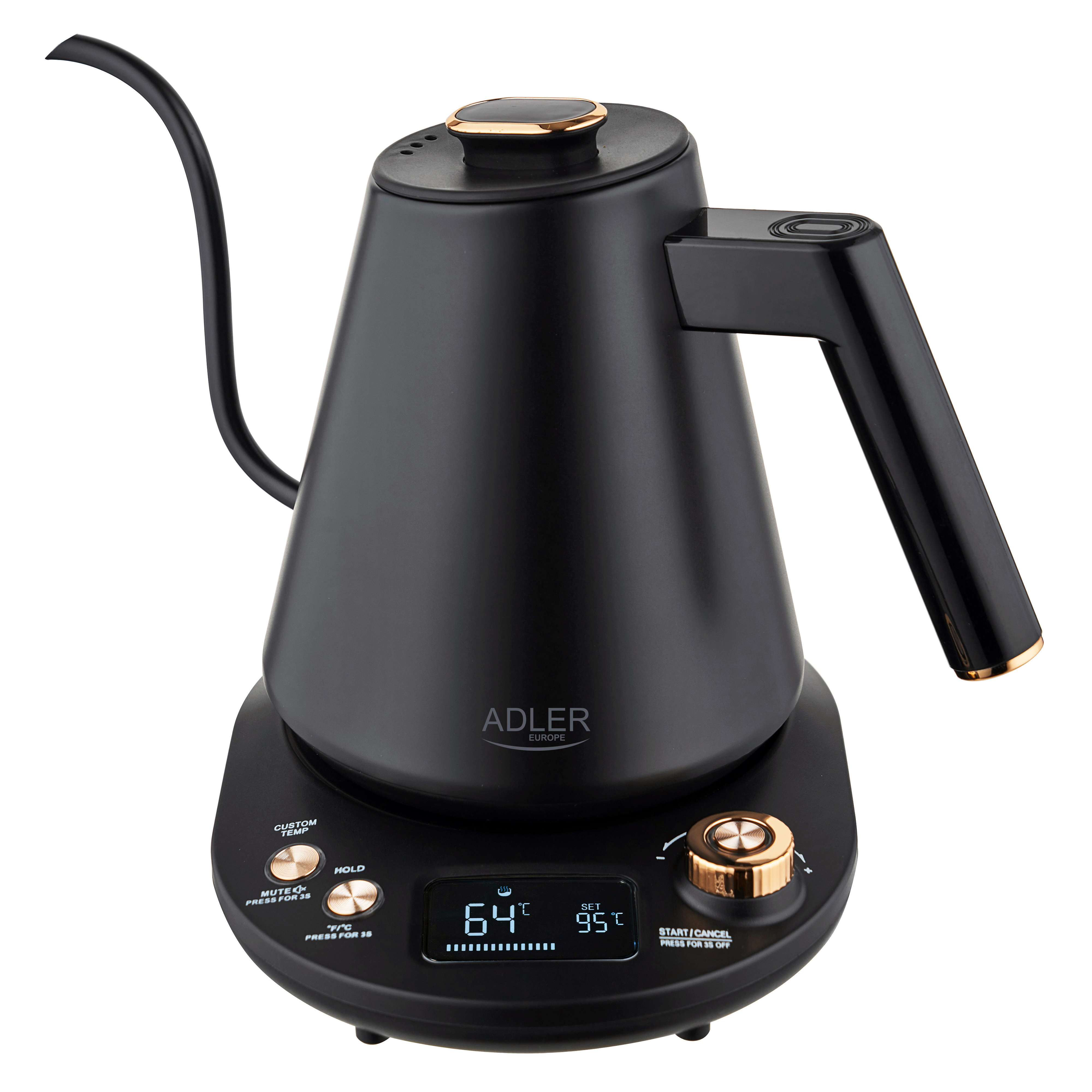 Hervidor Adler | AD 1349 | Eléctrico | 1100 W | 1 L | Acero inoxidable | Base giratoria 360° | Negro/dorado