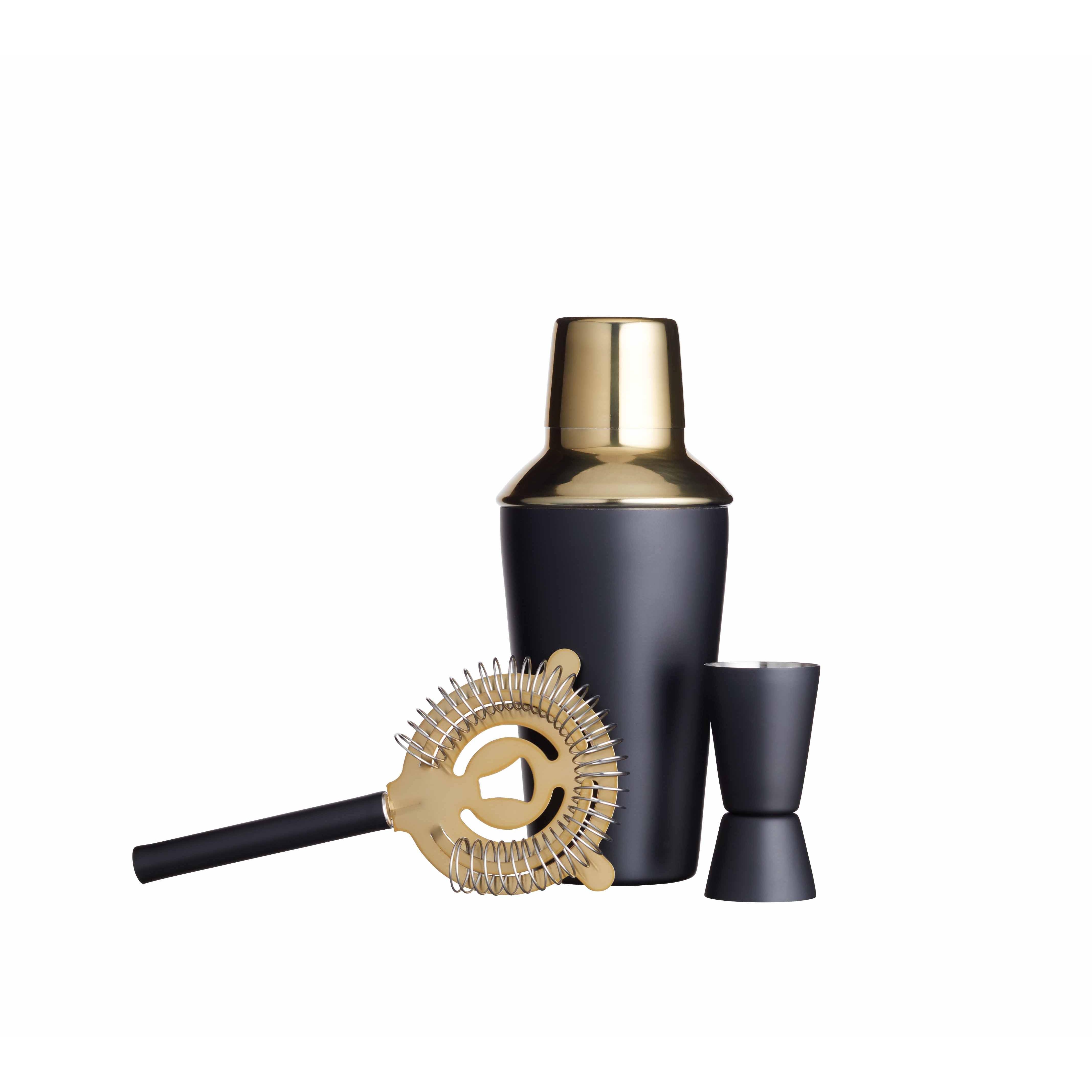 BarCraft – Kit de Coctelería de Lujo, Color Negro/Dorado, Caja Regalo, 3 Unidades, 10 x 10 x 19cm