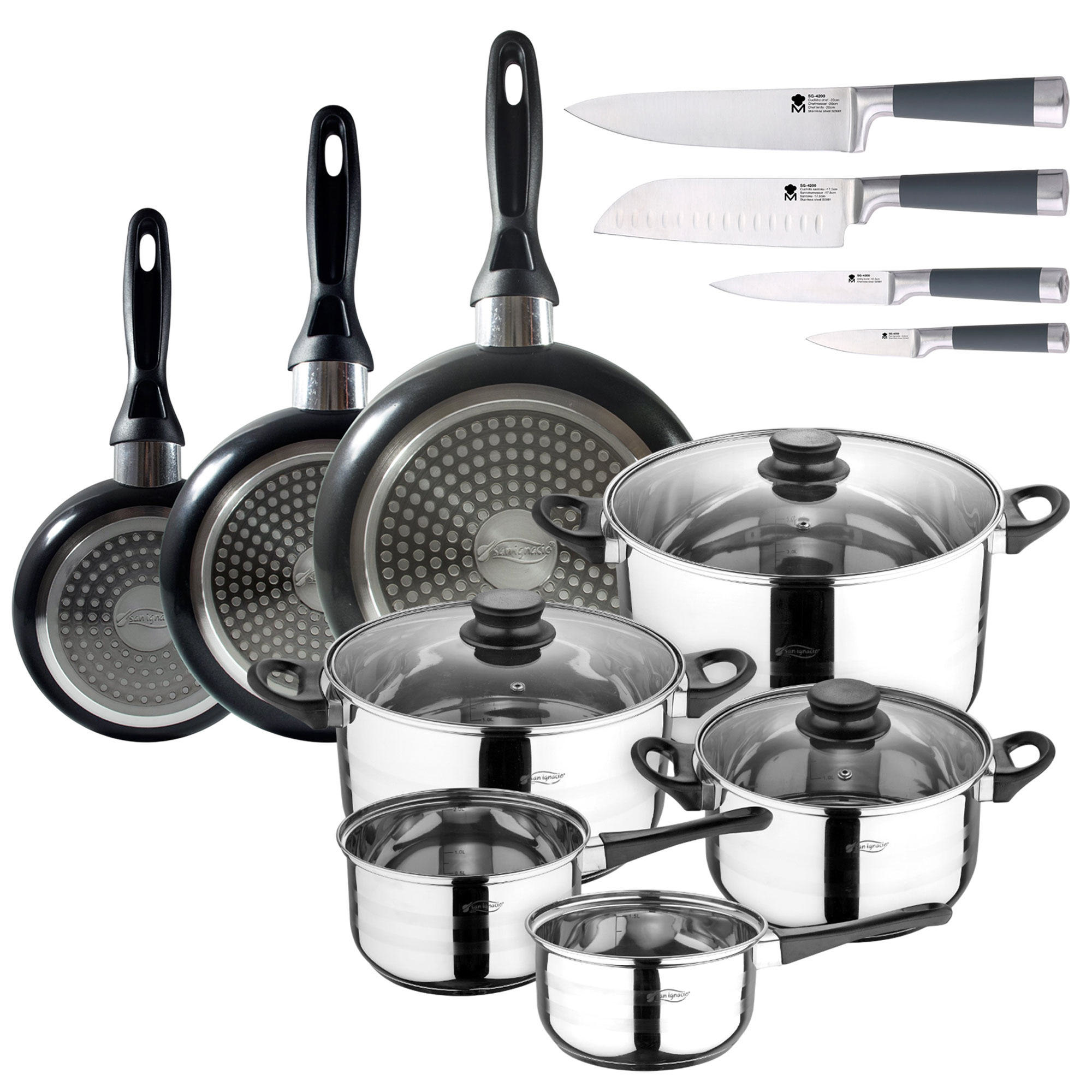 Batería de Cocina 8 Piezas: 2 cazos ø16 y ø18; ollas ø20 ø24 y ø28 + Set 3 sartenes 16-20-24 cm en aluminio prensado + Juego de Cuchillos de cocina