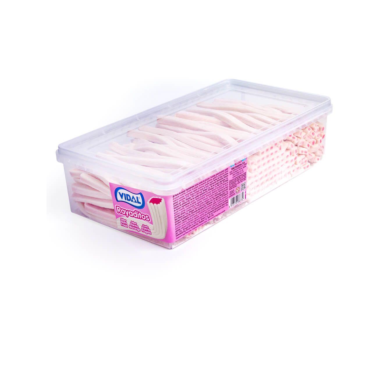 Vidal Rayaditos en bandeja de 200 unidades (1,4 Kg) Regalices de forma rectangular con sabor a fresa, frambuesa, sandía, limón, nata-fresa...
