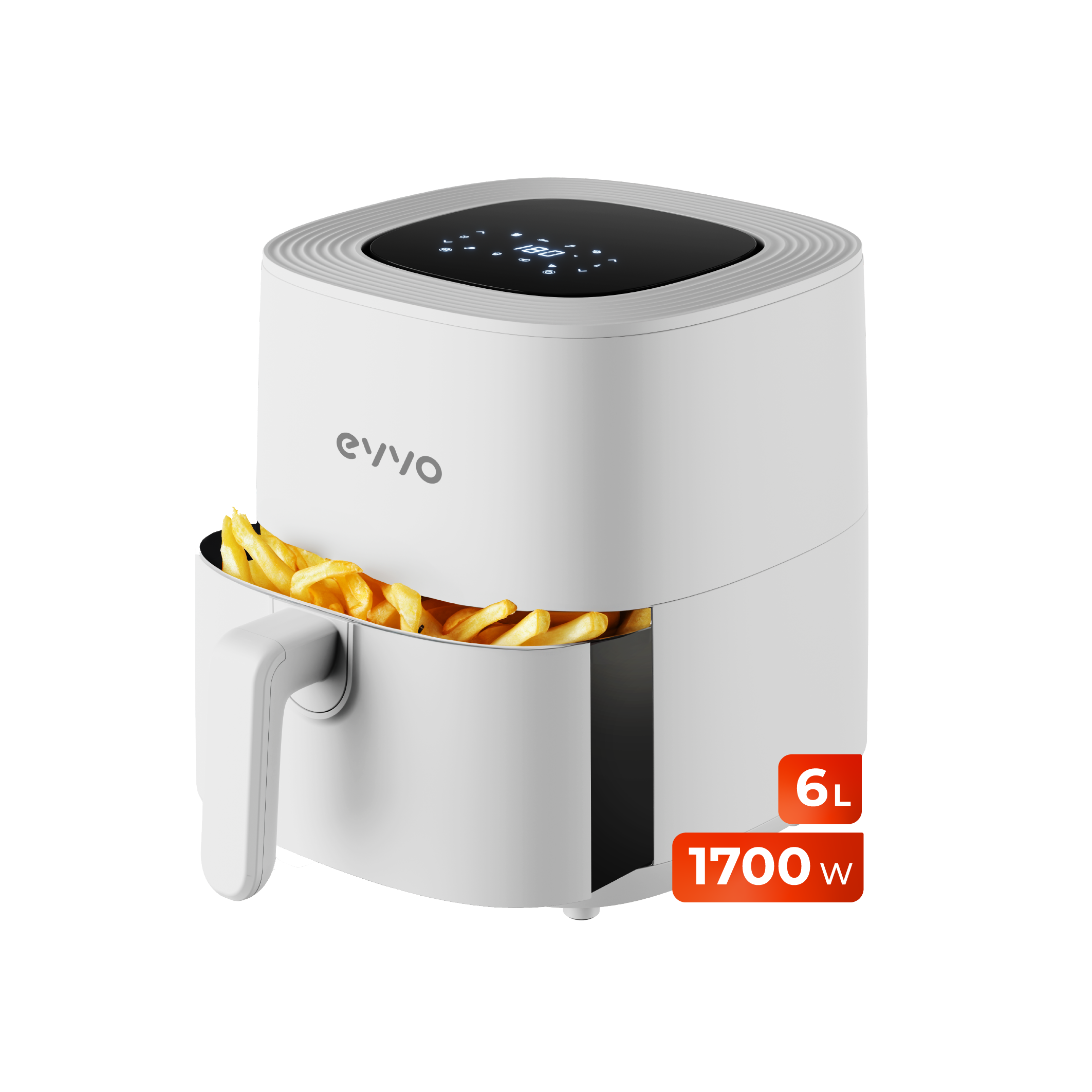 EVVO Freidora de aire sin aceite de 6L, 1700W, Antiadherente,Tecnología Dual, Hornea, Descongela, Apagado Automático