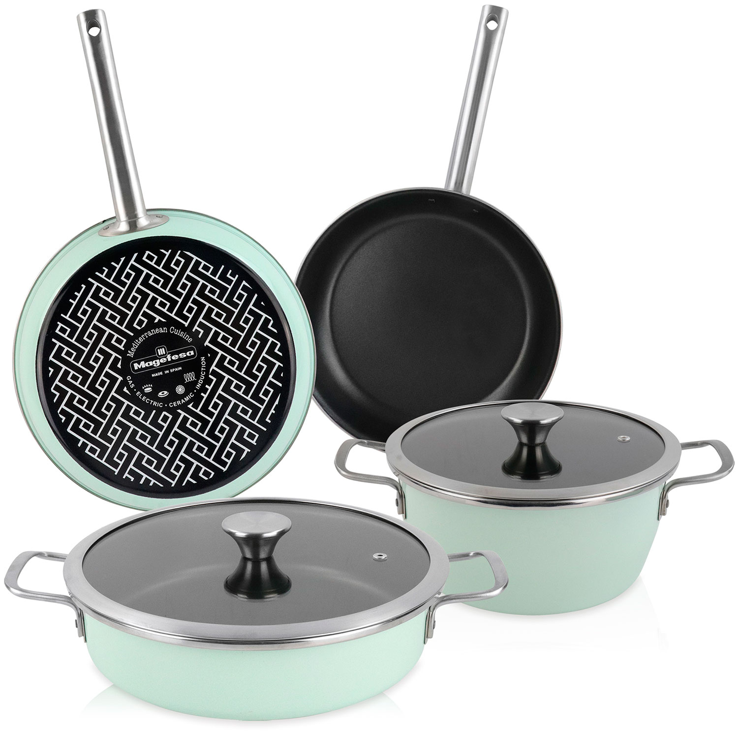 Magefesa Nordic Verde Batería Cocina Inducción 6 Piezas, Antiadherente Libre PFOA Exterior Verde Menta Retro Vintage, , Verde