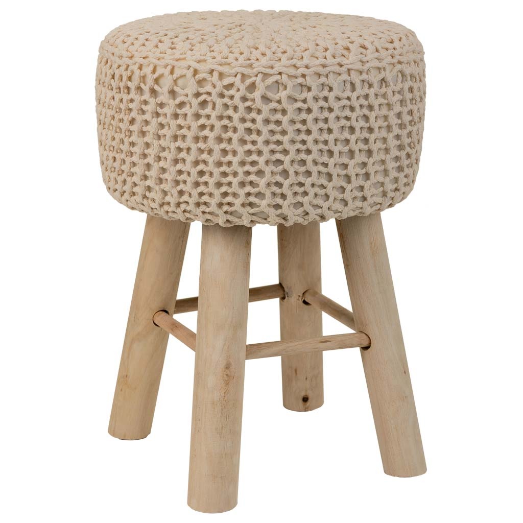 WANDERLUST DECO Taburete de madera y algodón trenzado marrón 32x32x44h cm