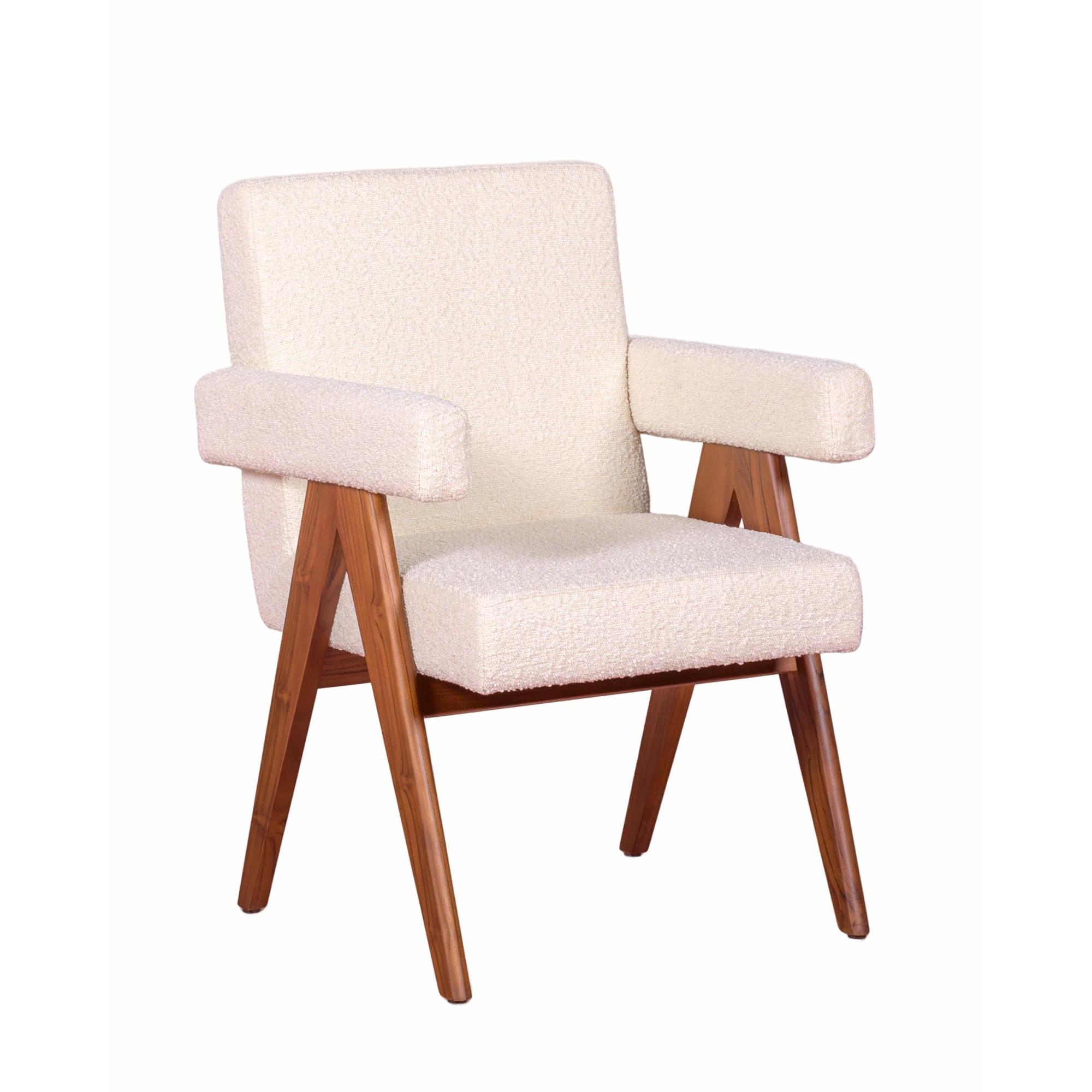 Nest Dream - Sillón rústico con reposabrazos en madera de teca y tejido bouclé - Compass