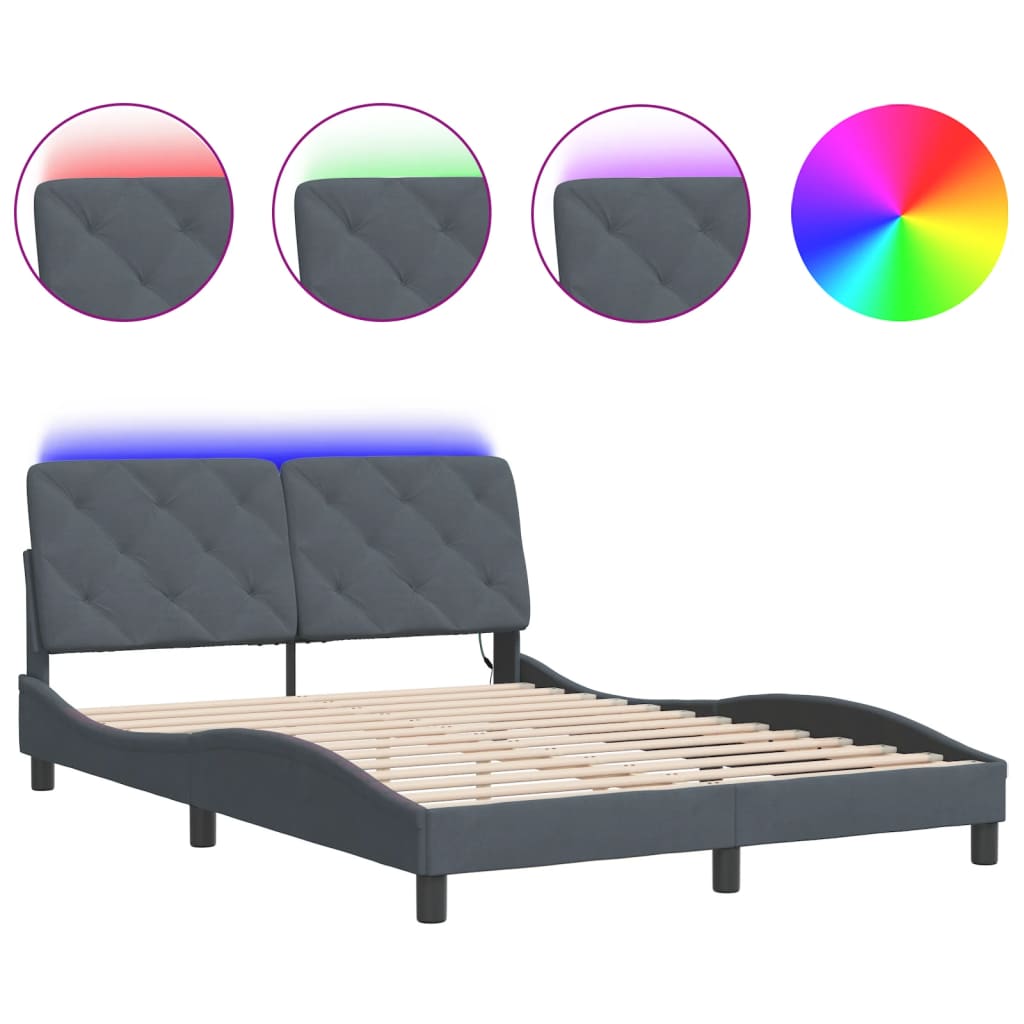 vidaXL Estructura de cama luces LED terciopelo gris oscuro 140x200 cm