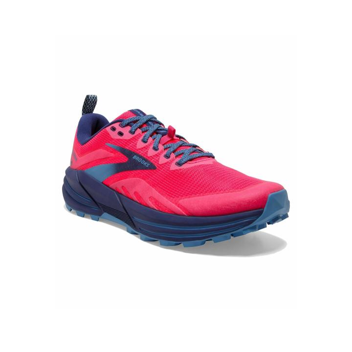 Brooks - Brooks-Cascadia 16 Zapatillas de Deporte para Mujer, Trail Running, para correr en asfalto o por senderos de montaña, malla de rejilla que proporciona estructura y transpirabilidad, Pink, Flame, Cobalt