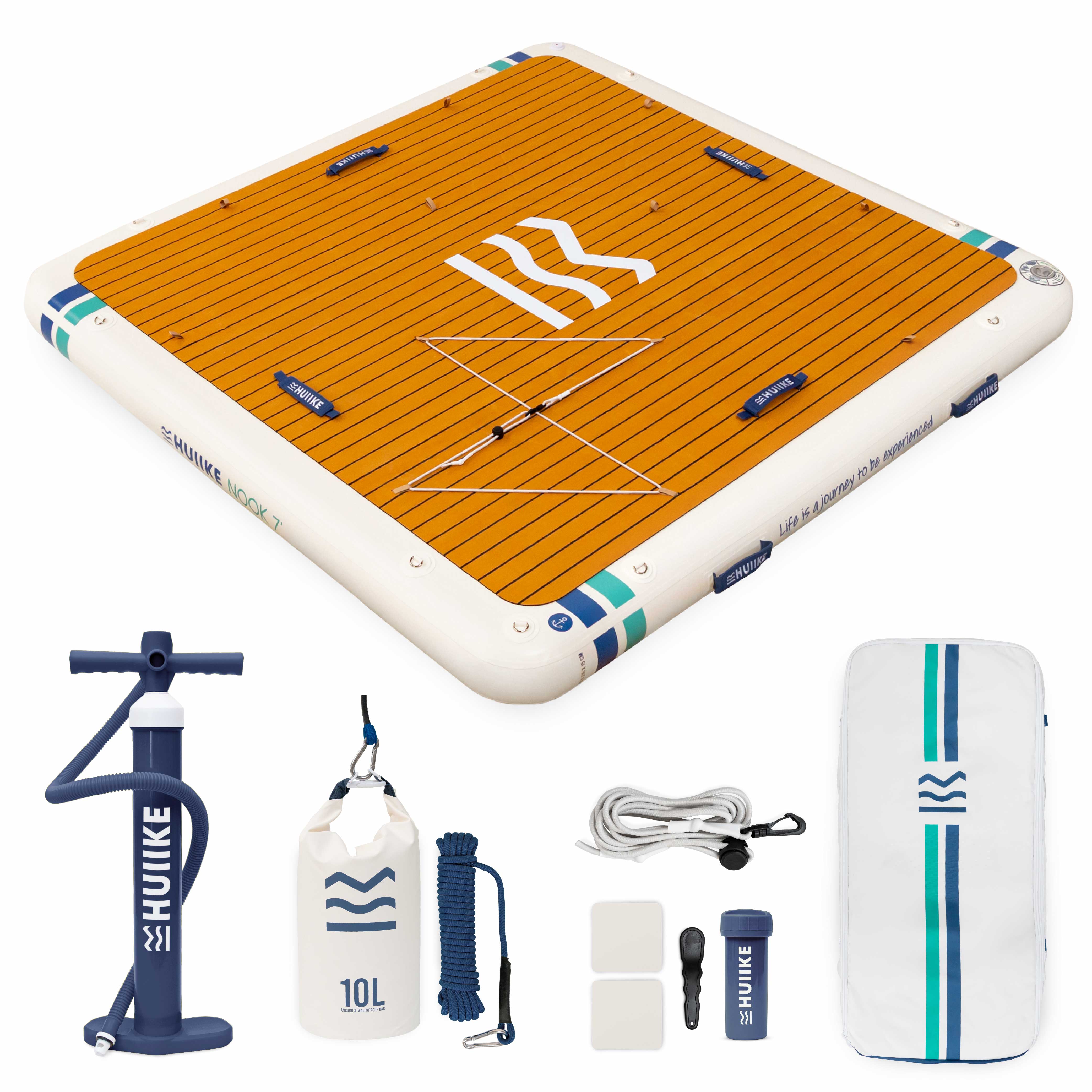 HUIIKE Plataforma Flotante Hinchable de 2,15 x 2,15 m, 4 Personas hasta 280 kg, Superficie Antideslizante y Accesorios Incluidos, Inflador, Ancla de Arena, Mochila. Isla Inflable para Niños y Adultos