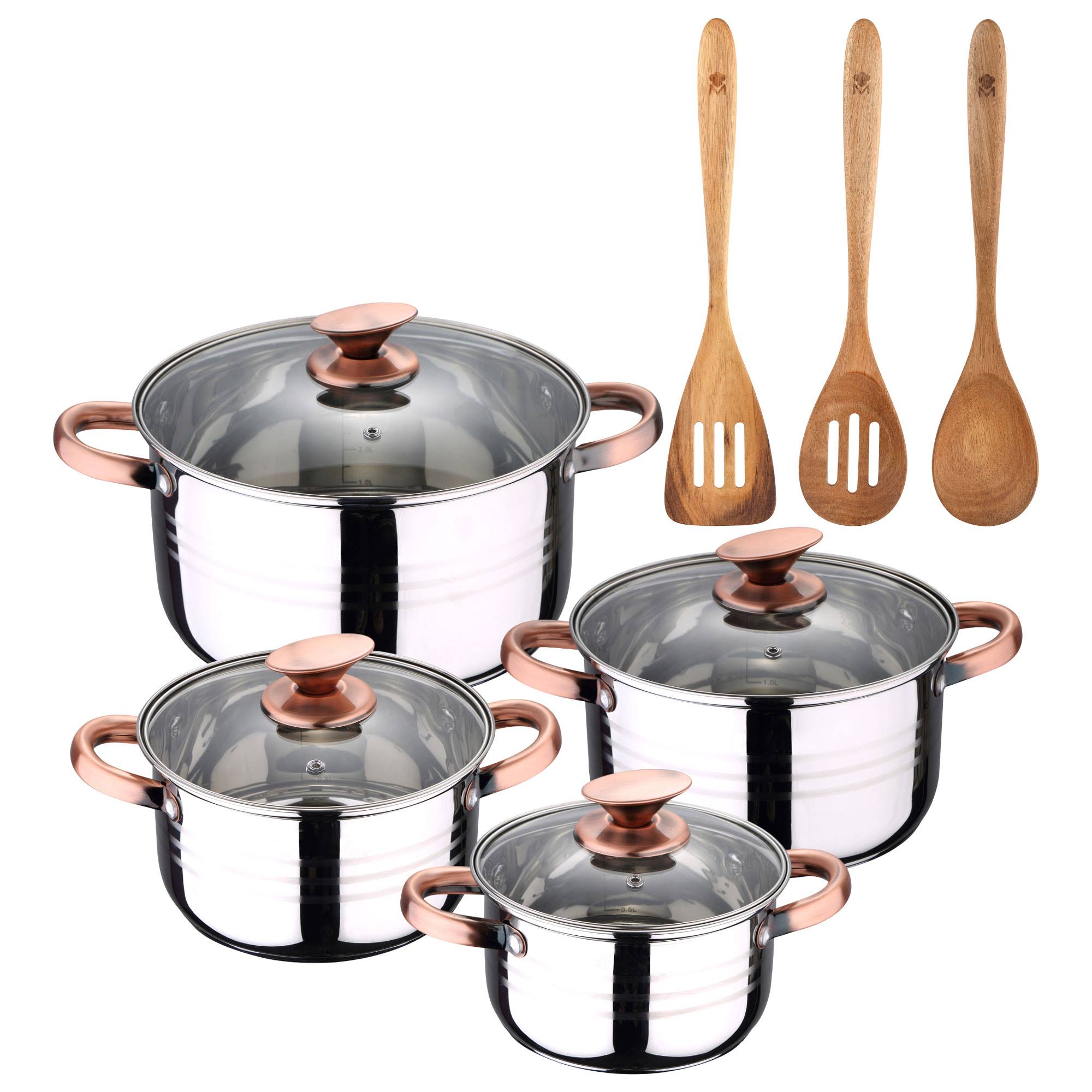 Bateria 8pc acero inoxidable apta para inducción Colección San Ignacio Premium +  Delantal de Cocina Gris oscuro 100% Algodón 75x80cm