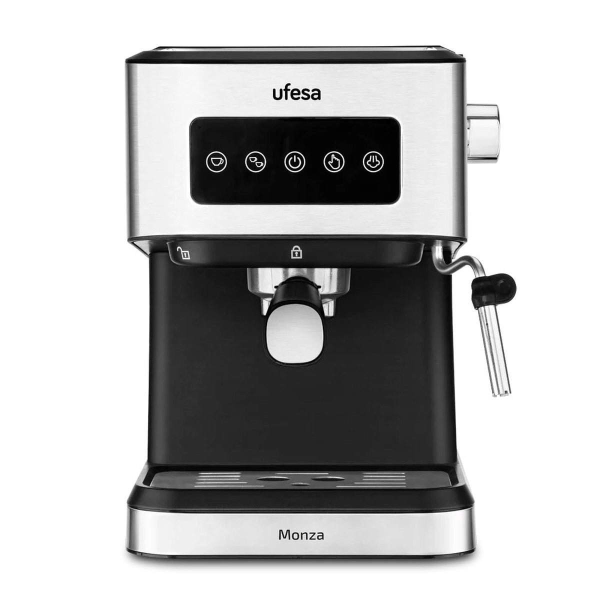 Ufesa - Cafetera Espresso Monza con bomba de 20 bares, vaporizador orientable y bandeja calienta-tazas para café molido o monodosis, diseño en acero inoxidable fácil de limpiar