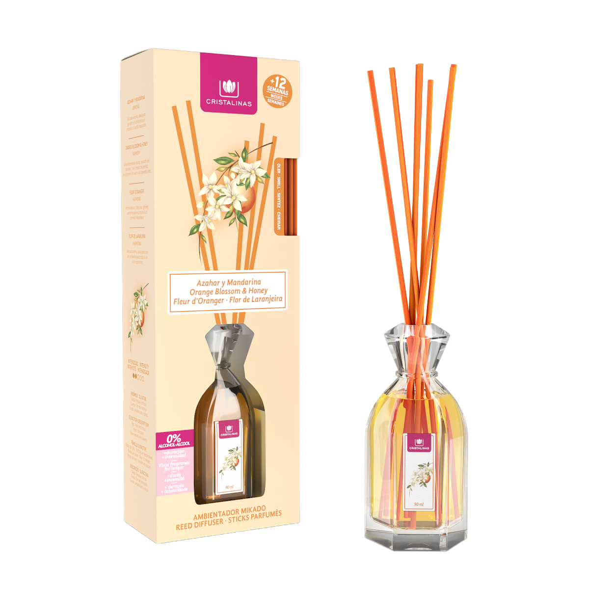 CRISTALINAS Ambientador Mikado Gama Clásica 90ML - 0% Alcohol. Más de 12 semanas de duración. Variedad de aromas: Azahar, Moras, Bebé y Colonia, Frutos del Bosque, Cerezo, Jazmín, Dama de Noche, Brisa Marina, Sándalo y Cedro