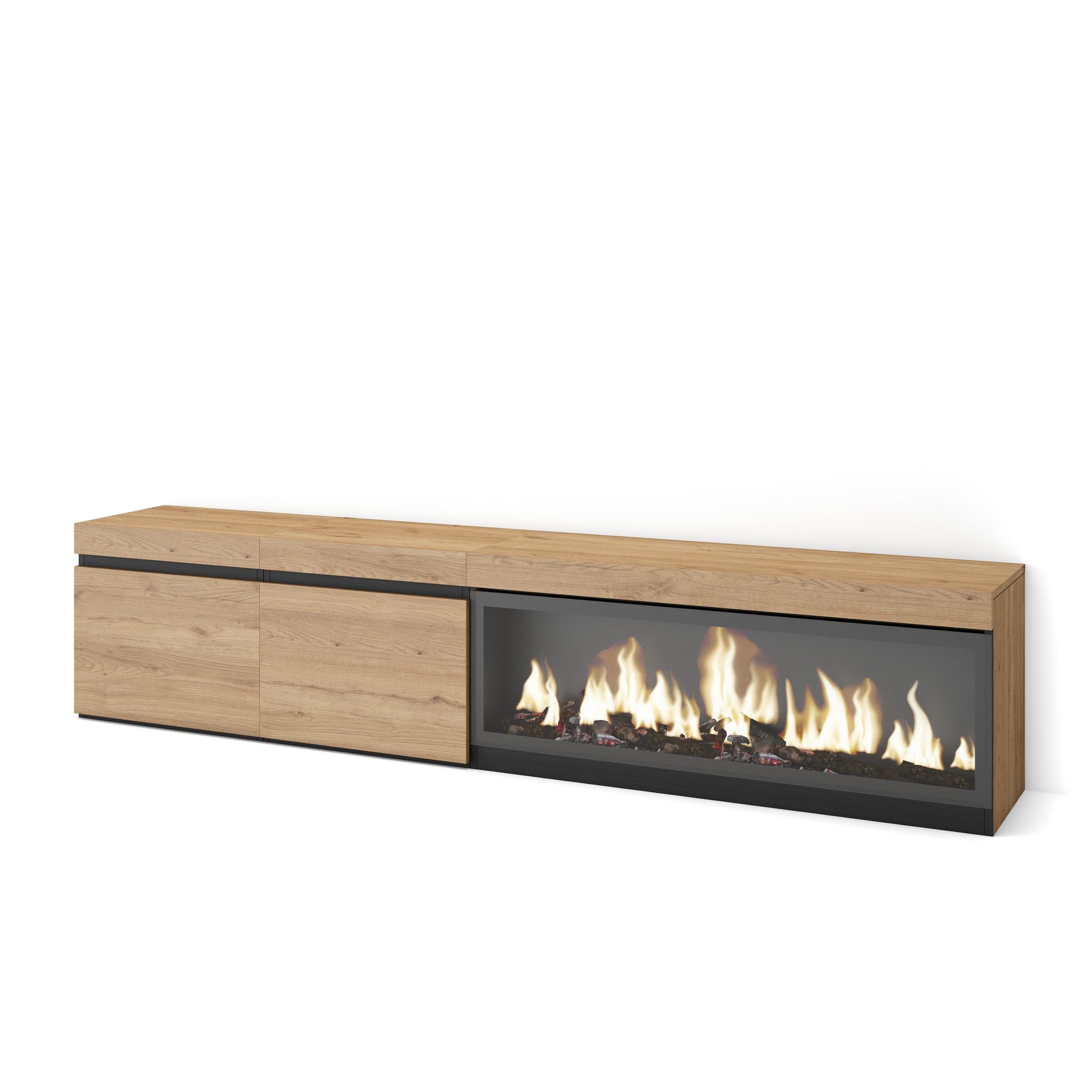 Skraut Home, Mueble Televisión, 208x35x45cm, Fuego Led XXL efecto 3D, Veteado de madera, Tacto poroso de alta calidad