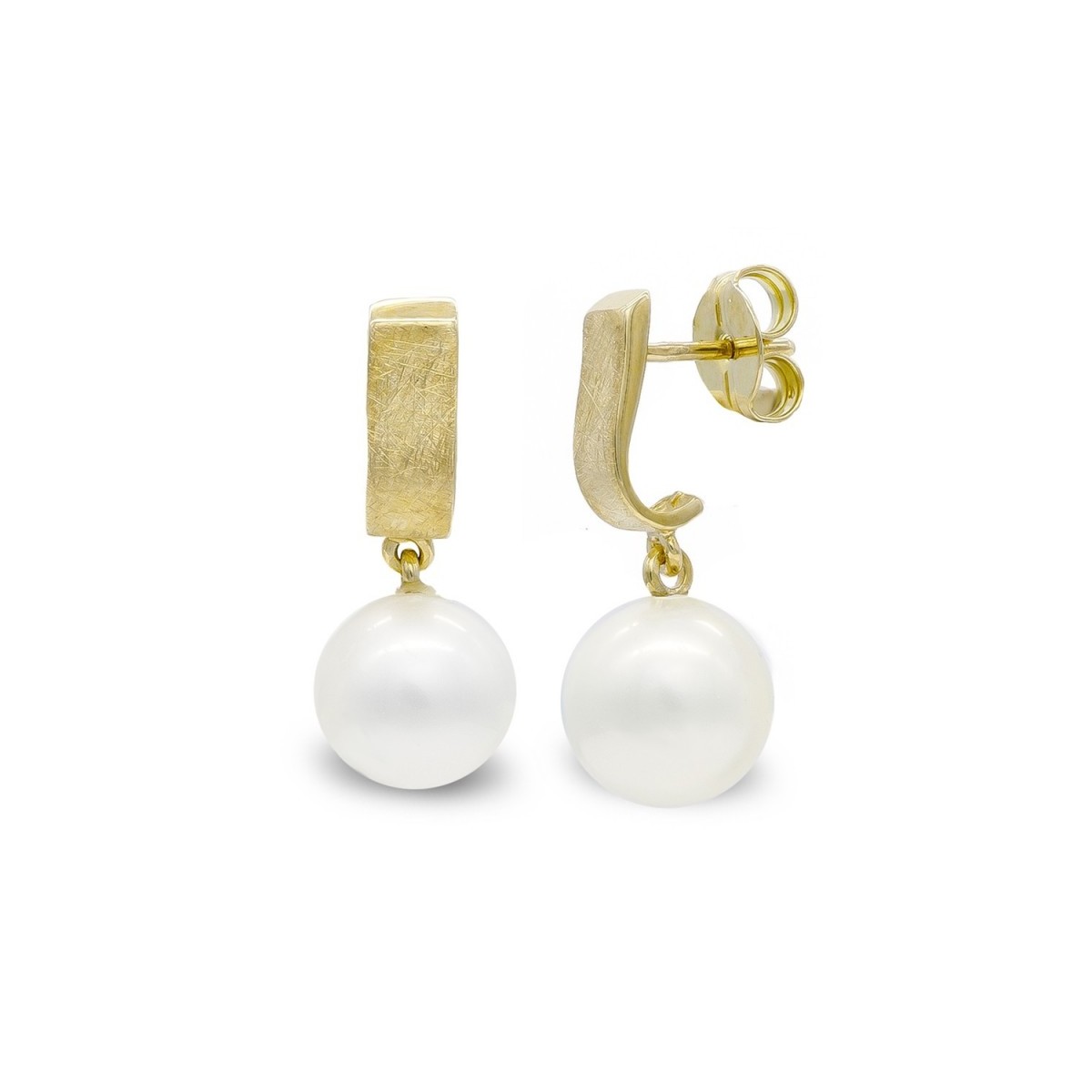 Pendientes oro 18k mujer perlas 10 mm. combinadas barras rayadas presión